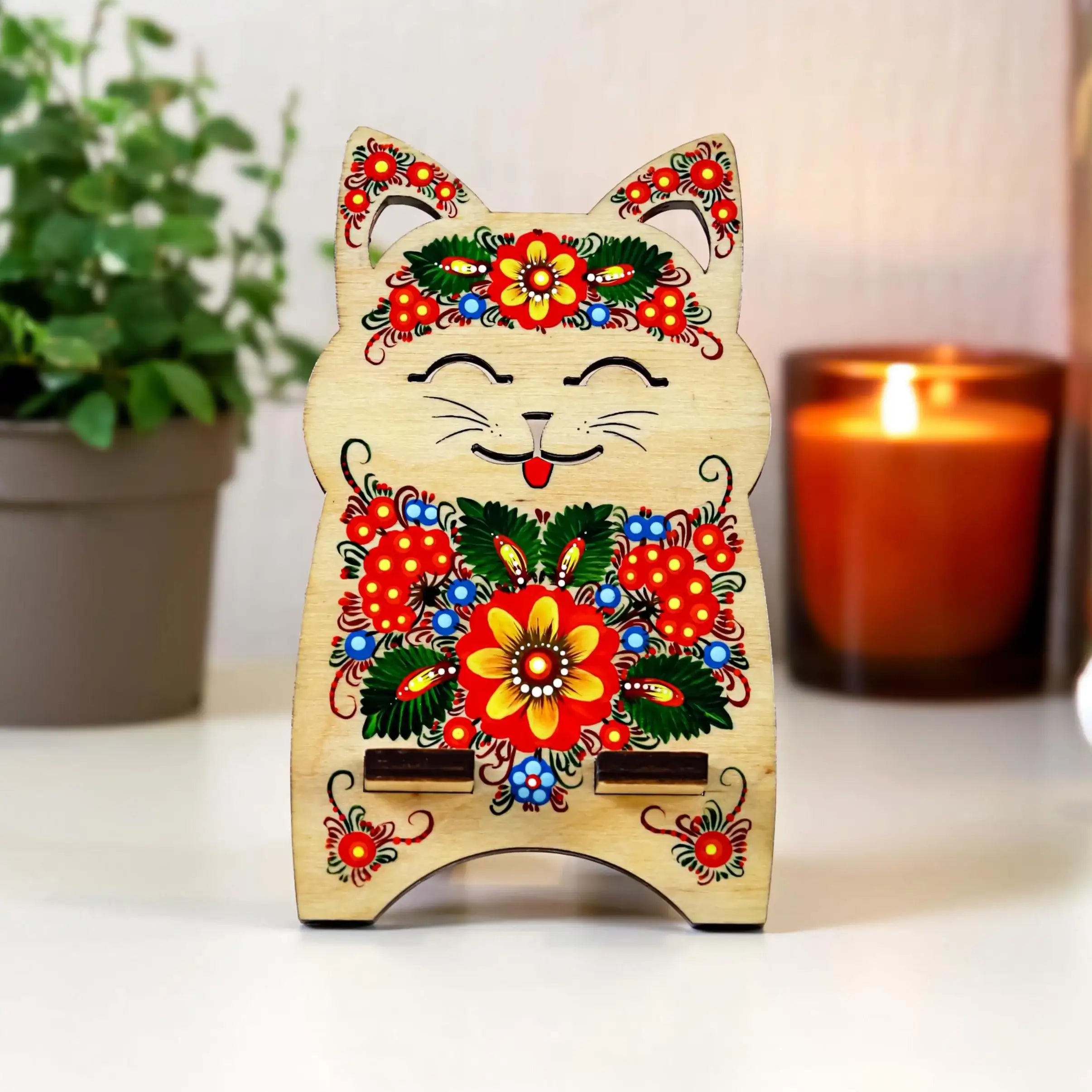Hand-Painted Owl Phone Stand - Ukrainian Petrykivka Art, Wooden Desk Phone Holder, Cute Animal Desk Decor, Gift for Her