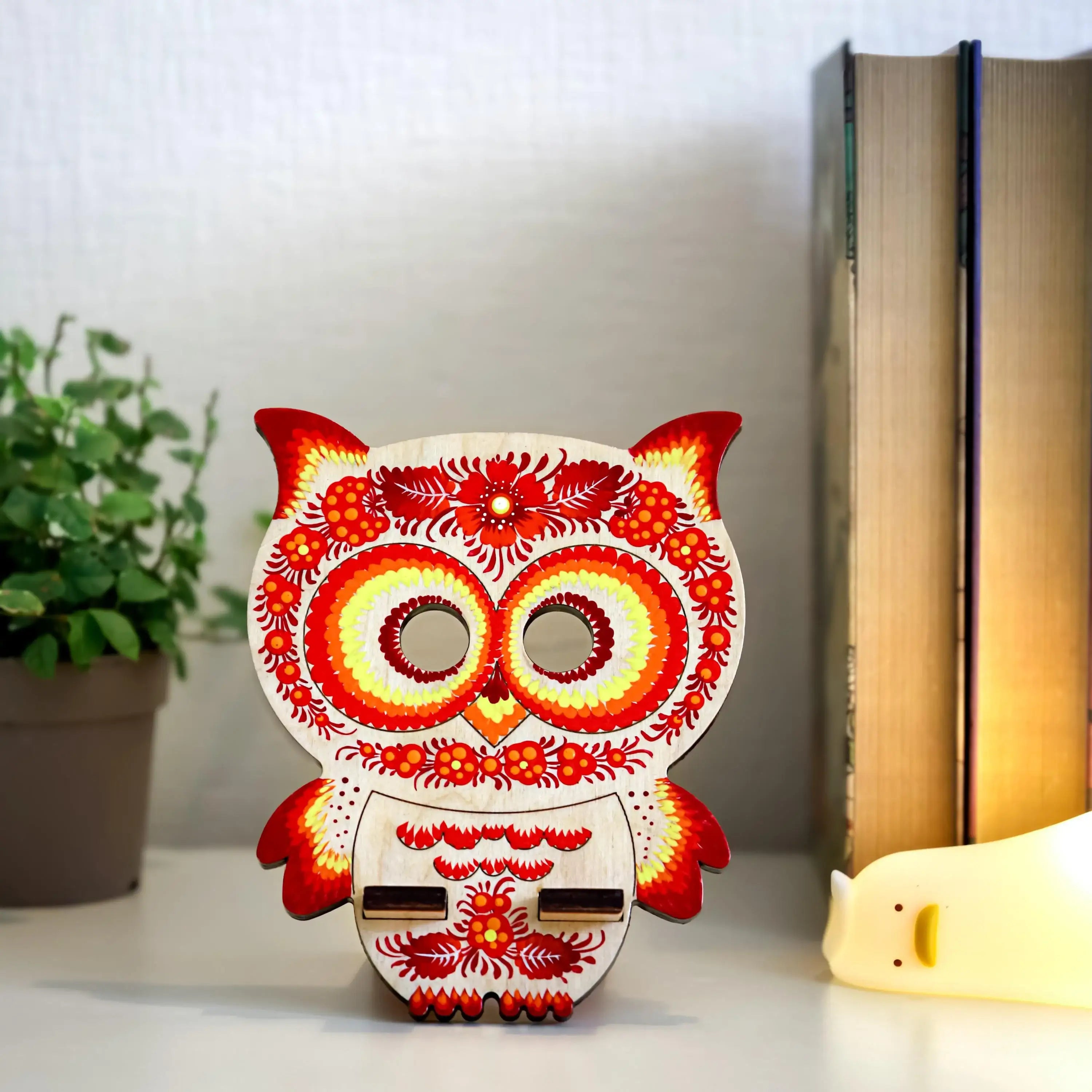 Hand-Painted Owl Phone Stand - Ukrainian Petrykivka Art, Wooden Desk Phone Holder, Cute Animal Desk Decor, Gift for Her