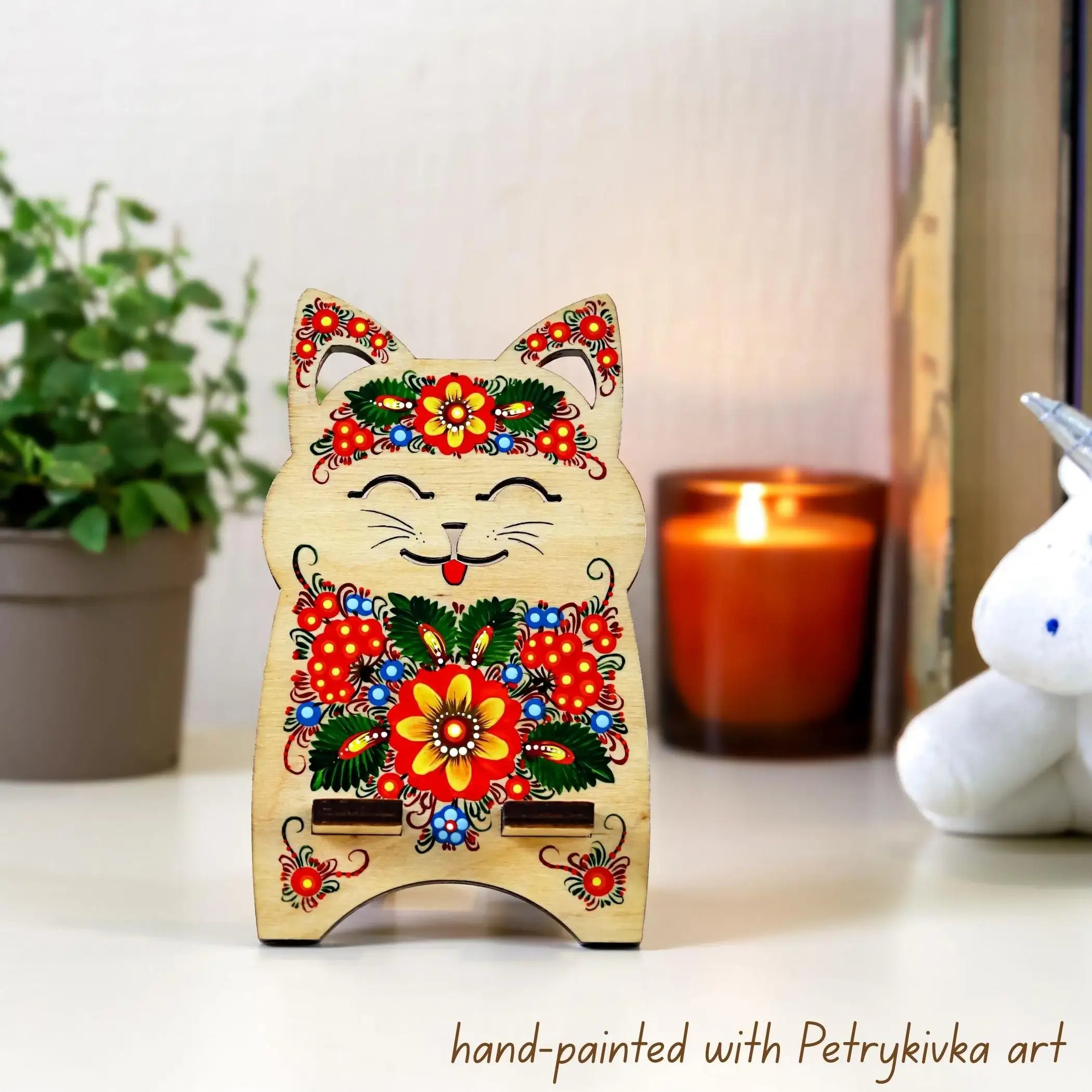 Painted Owl Phone Stand - Wooden Pink & Purple Flower Smartphone Stand, Ukrainian Petrykivka Art Desk Phone Holder, Cute Pink Owl Stand