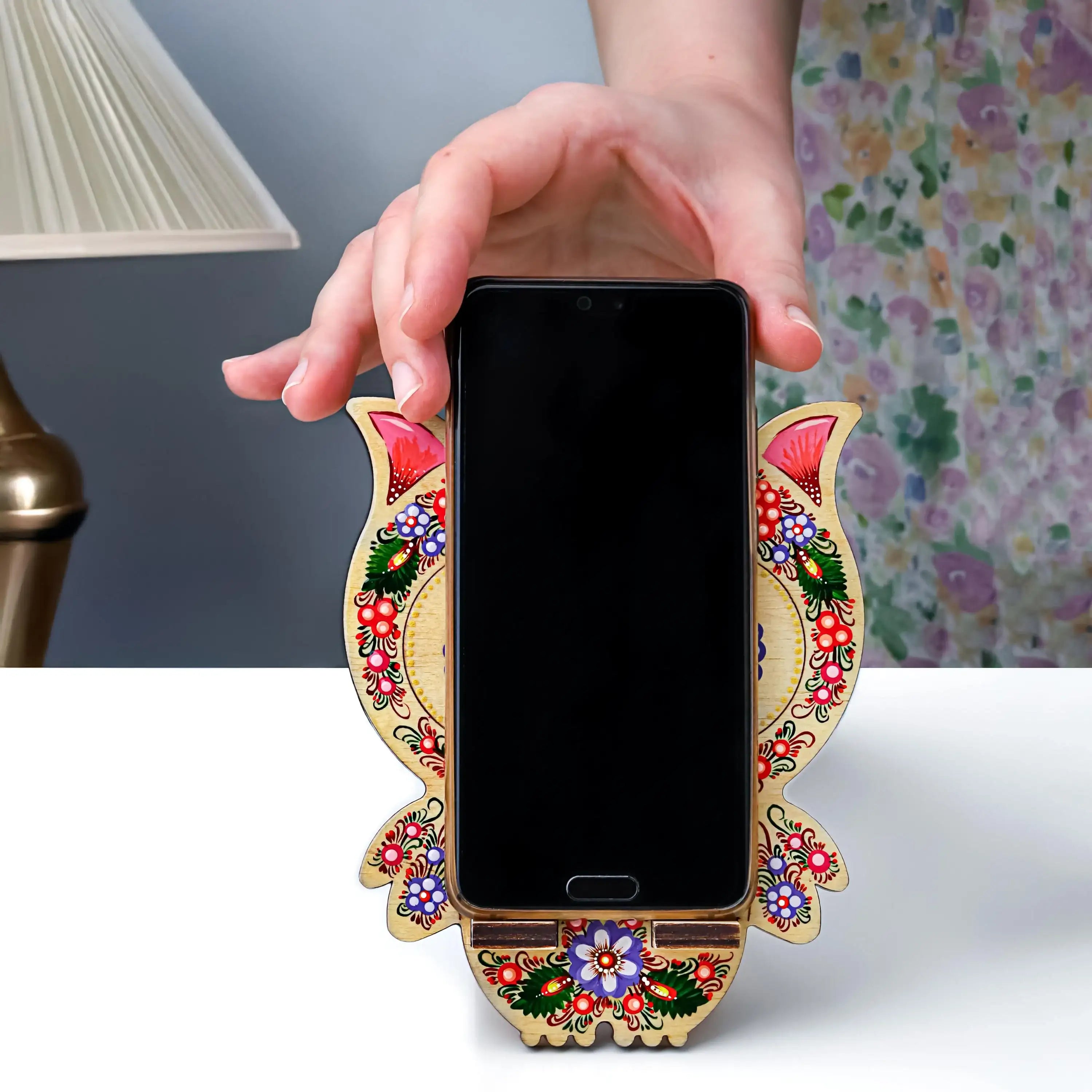 Painted Owl Phone Stand - Wooden Pink & Purple Flower Smartphone Stand, Ukrainian Petrykivka Art Desk Phone Holder, Cute Pink Owl Stand