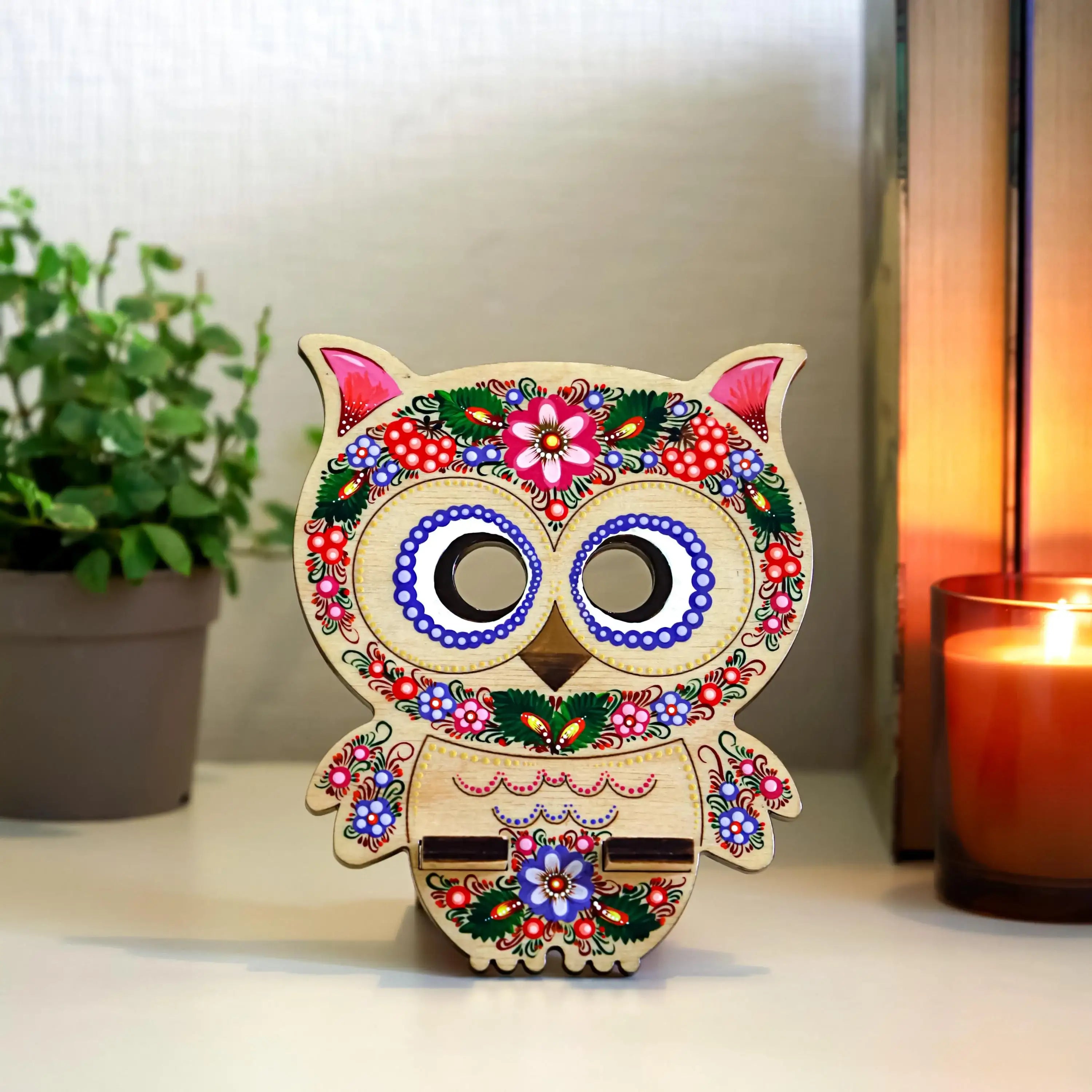Painted Owl Phone Stand - Wooden Pink & Purple Flower Smartphone Stand, Ukrainian Petrykivka Art Desk Phone Holder, Cute Pink Owl Stand