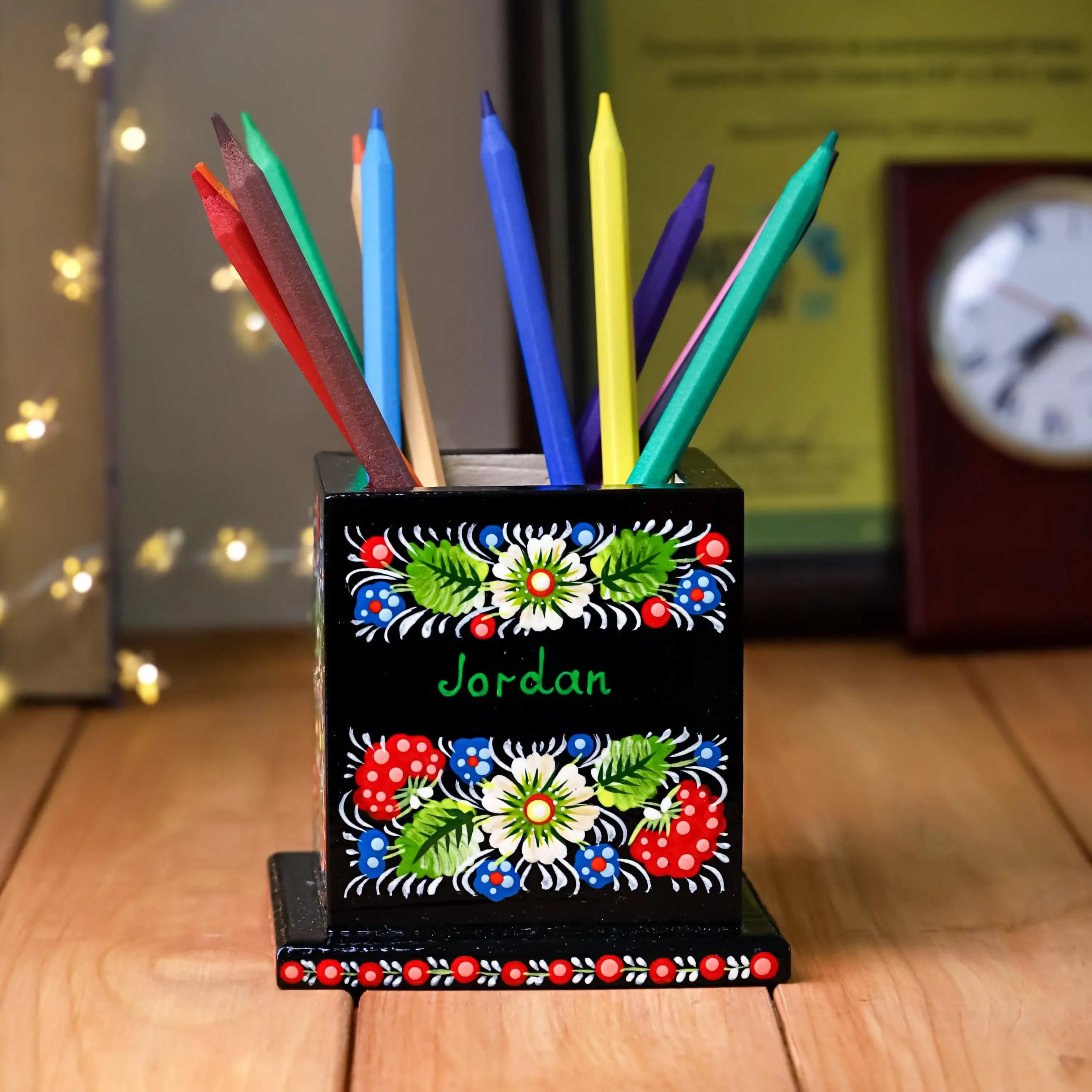 Personalized Wooden Pencil Holder - Hand-painted Petrykivka Art Pen Holder, Red Flower Ukrainian Desk Decor, Unique Back to School Gift