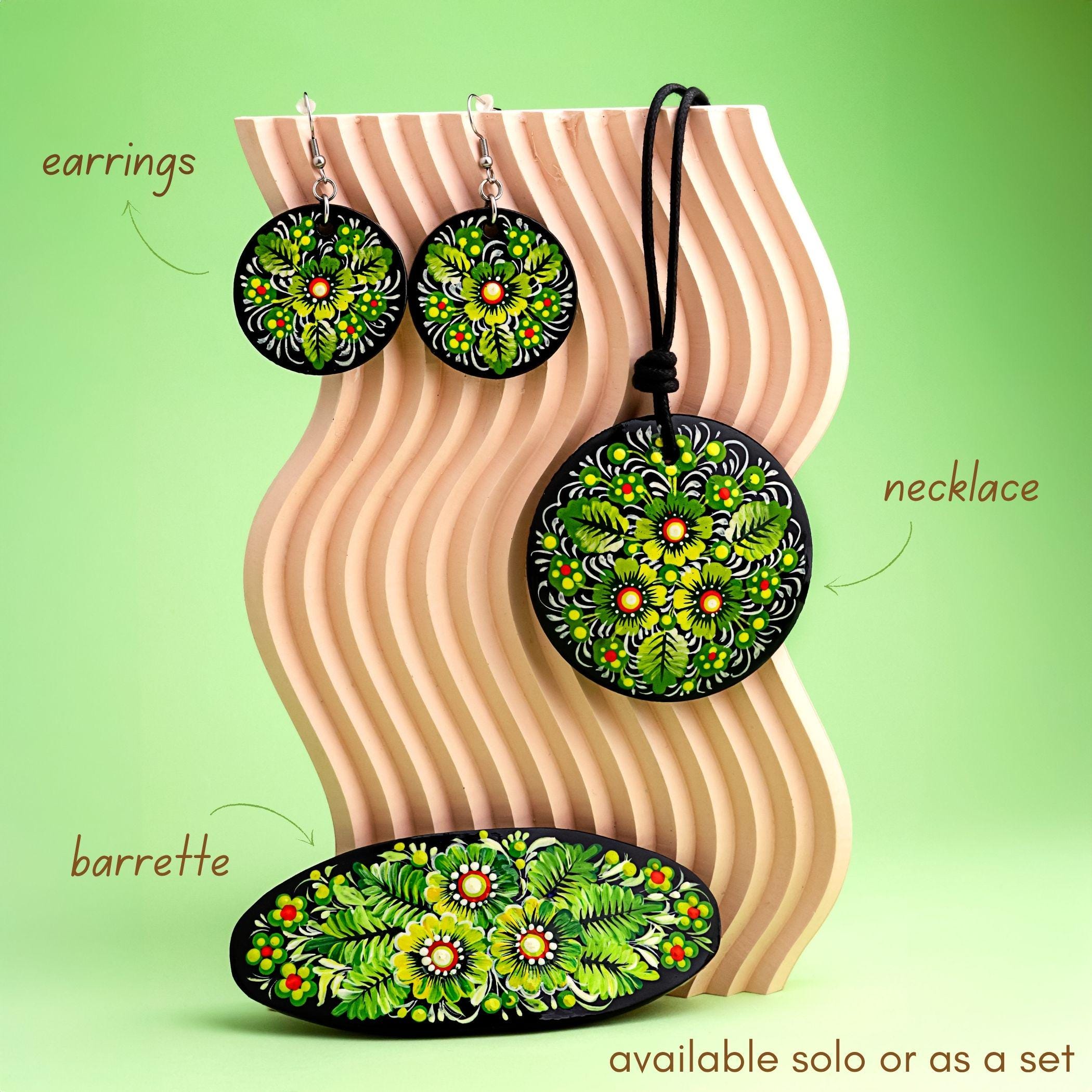 Painted Wooden Pendant Necklace - Green Flower Petrykivka Necklace, Large Round Ukrainian Statement Necklace, Folk Medallion for Women