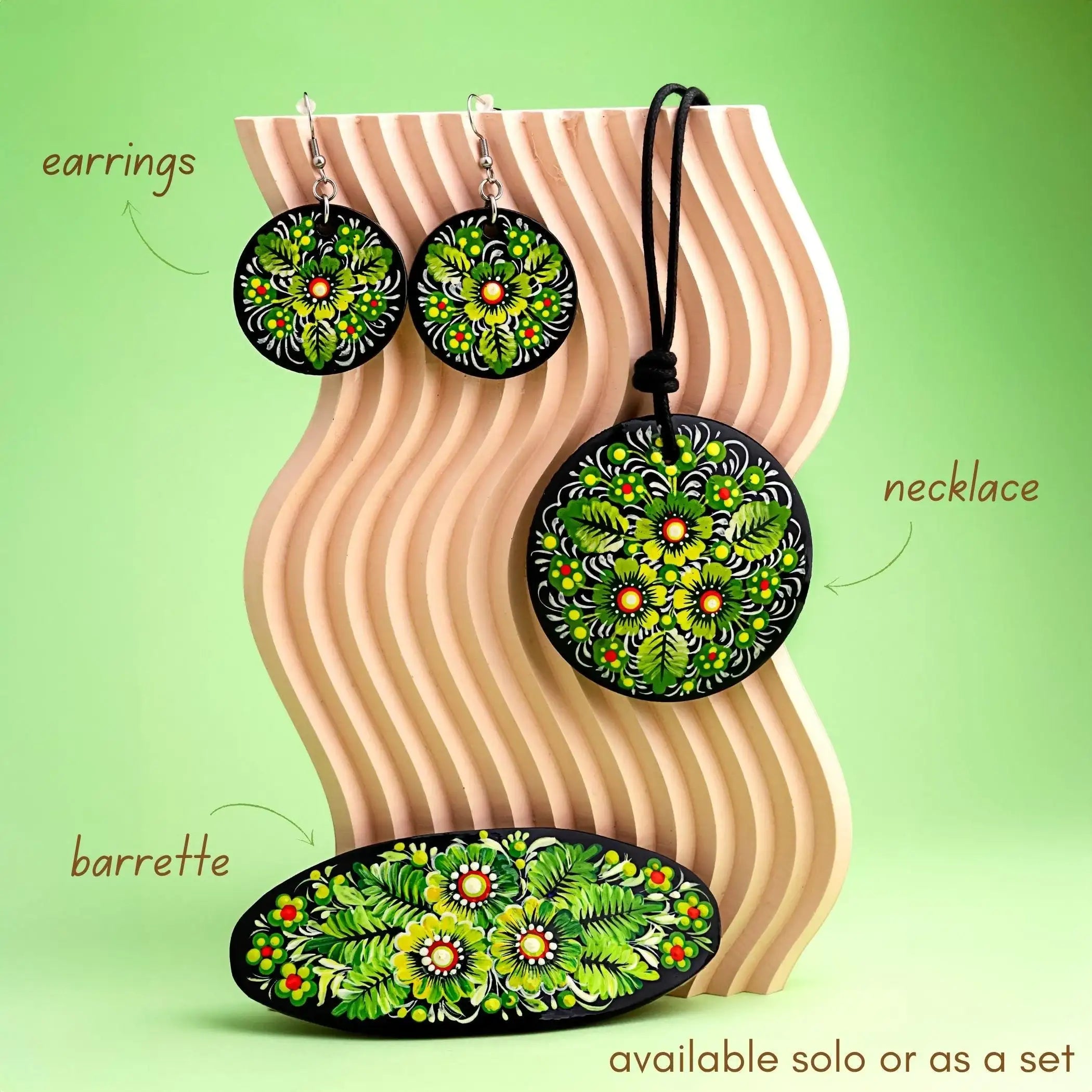 Painted Wooden Pendant Necklace - Green Flower Petrykivka Necklace, Large Round Ukrainian Statement Necklace, Folk Medallion for Women