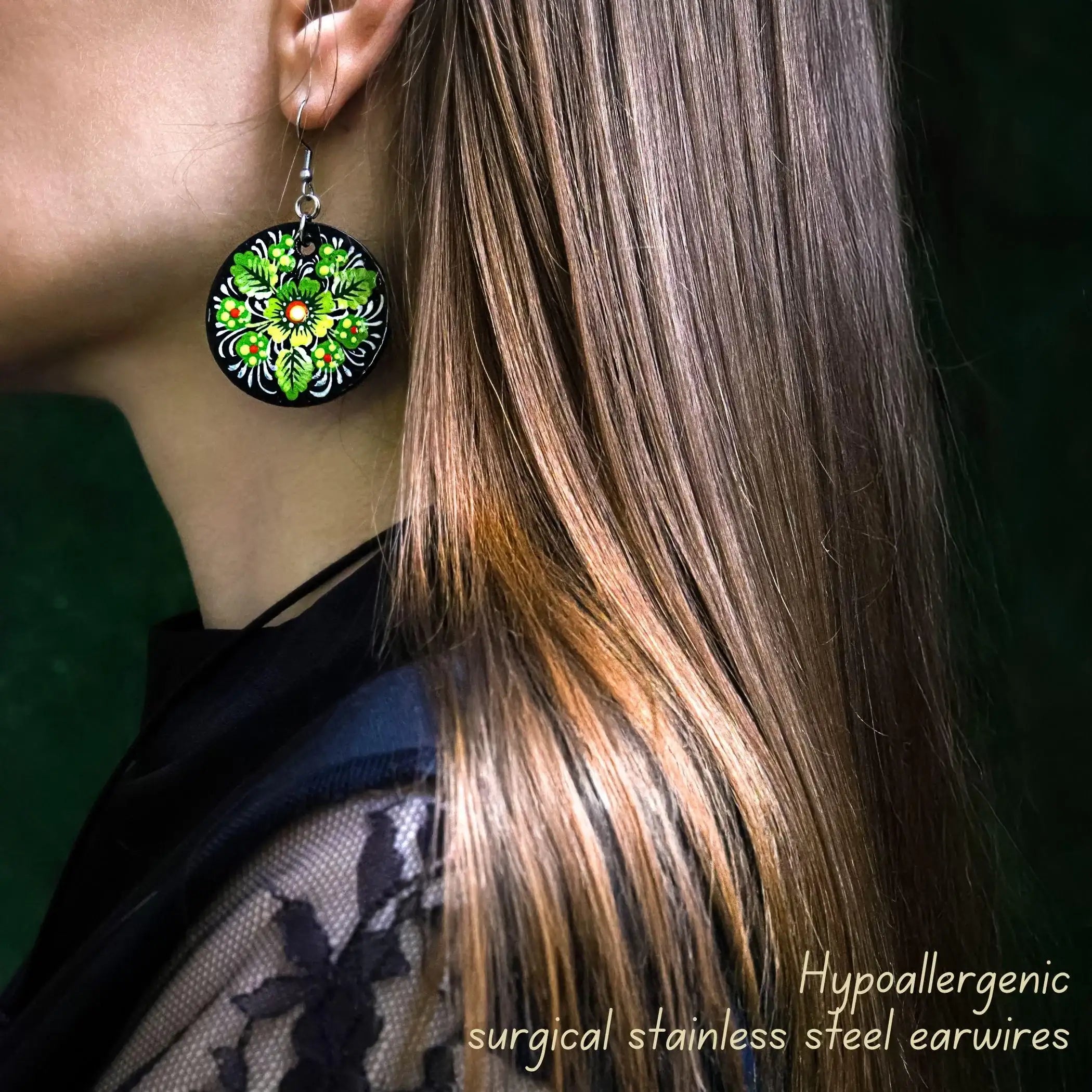 Painted Wooden Pendant Necklace - Green Flower Petrykivka Necklace, Large Round Ukrainian Statement Necklace, Folk Medallion for Women