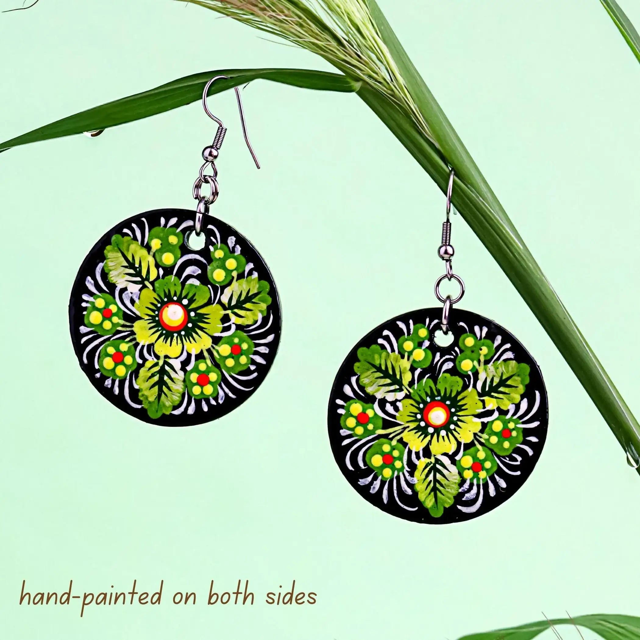 Painted Wooden Pendant Necklace - Green Flower Petrykivka Necklace, Large Round Ukrainian Statement Necklace, Folk Medallion for Women