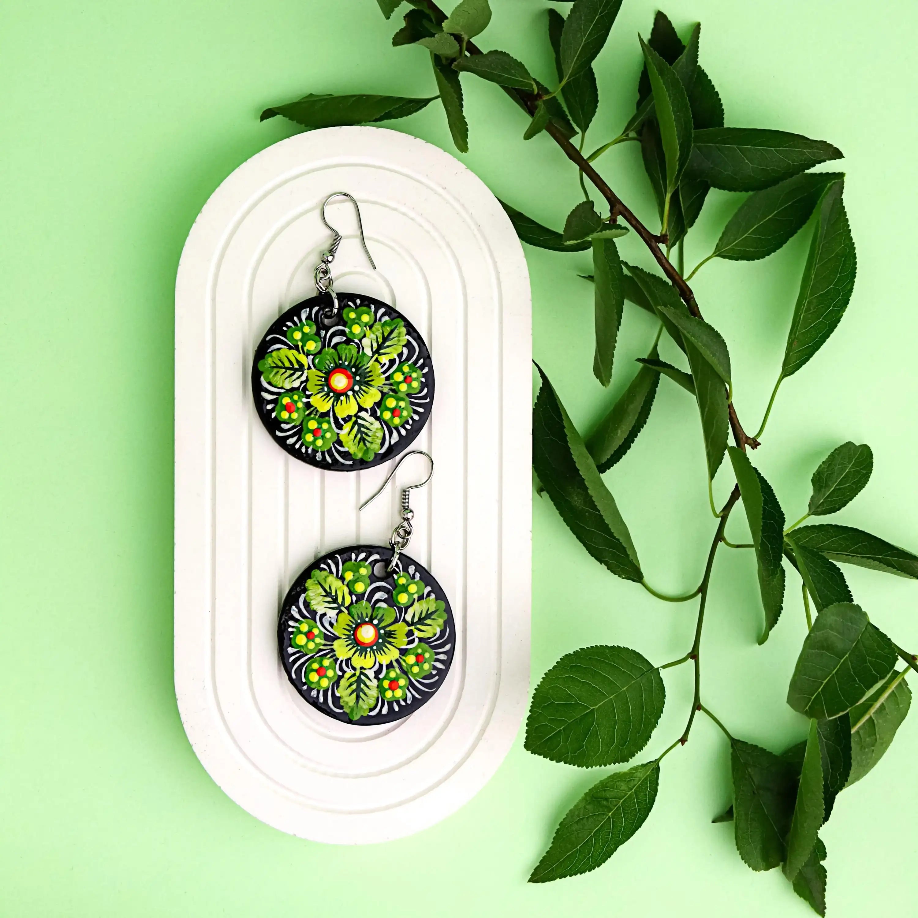 Painted Wooden Pendant Necklace - Green Flower Petrykivka Necklace, Large Round Ukrainian Statement Necklace, Folk Medallion for Women