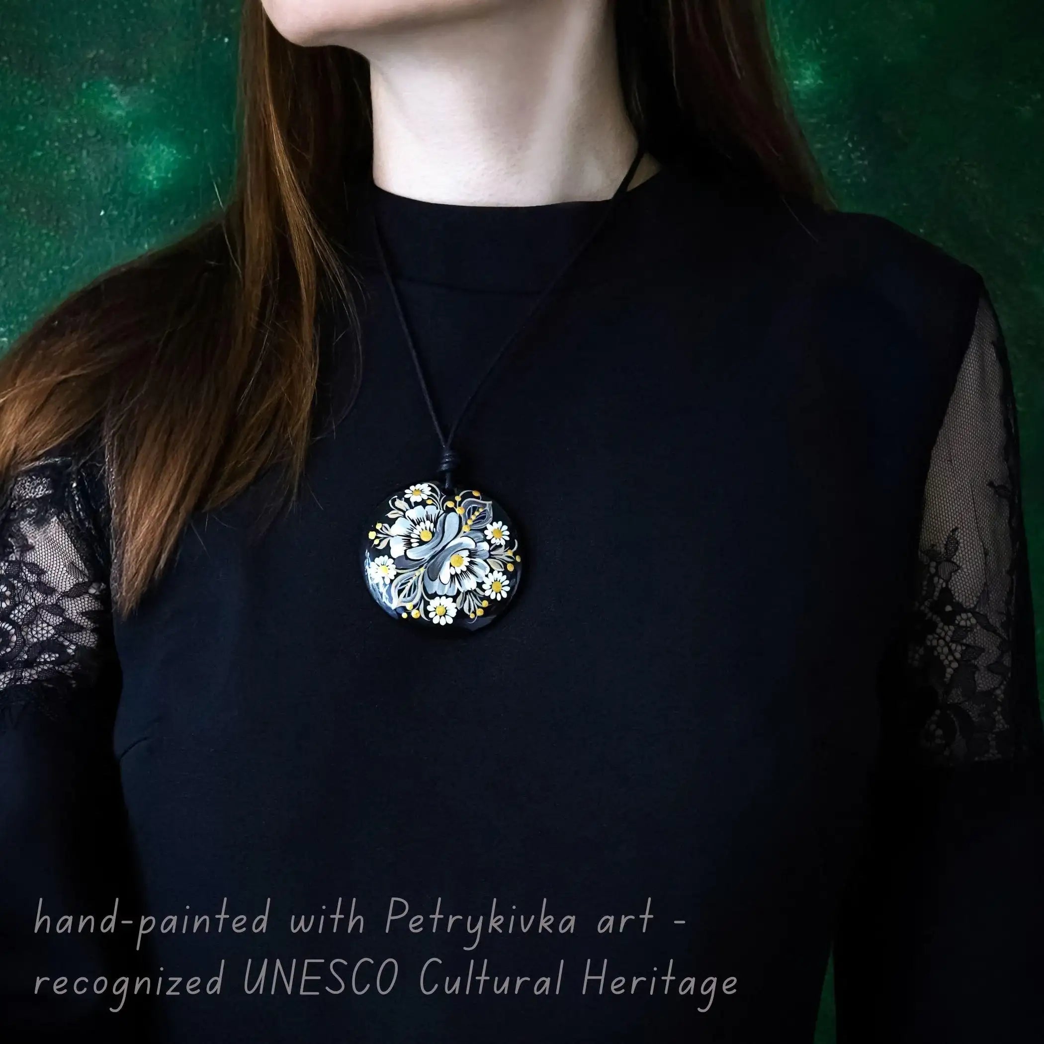 Painted Wooden Pendant Necklace - Gray Flower Petrykivka Necklace, Large Round Ukrainian Statement Necklace, Folk Medallion for Women