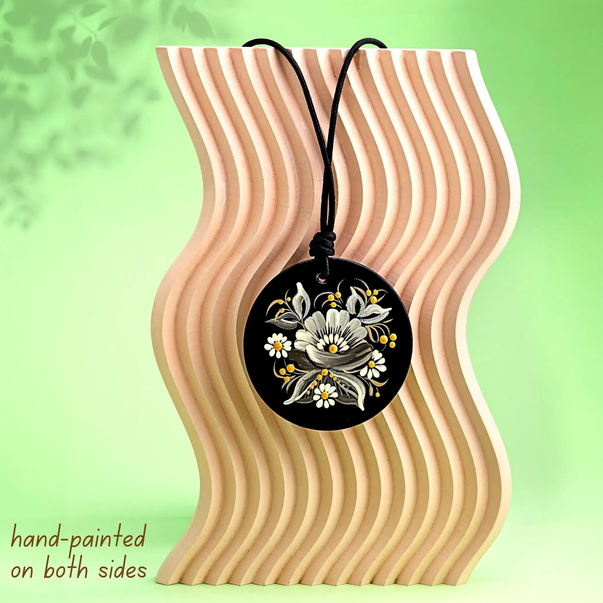 Painted Wooden Pendant Necklace - Gray Flower Petrykivka Necklace, Large Round Ukrainian Statement Necklace, Folk Medallion for Women