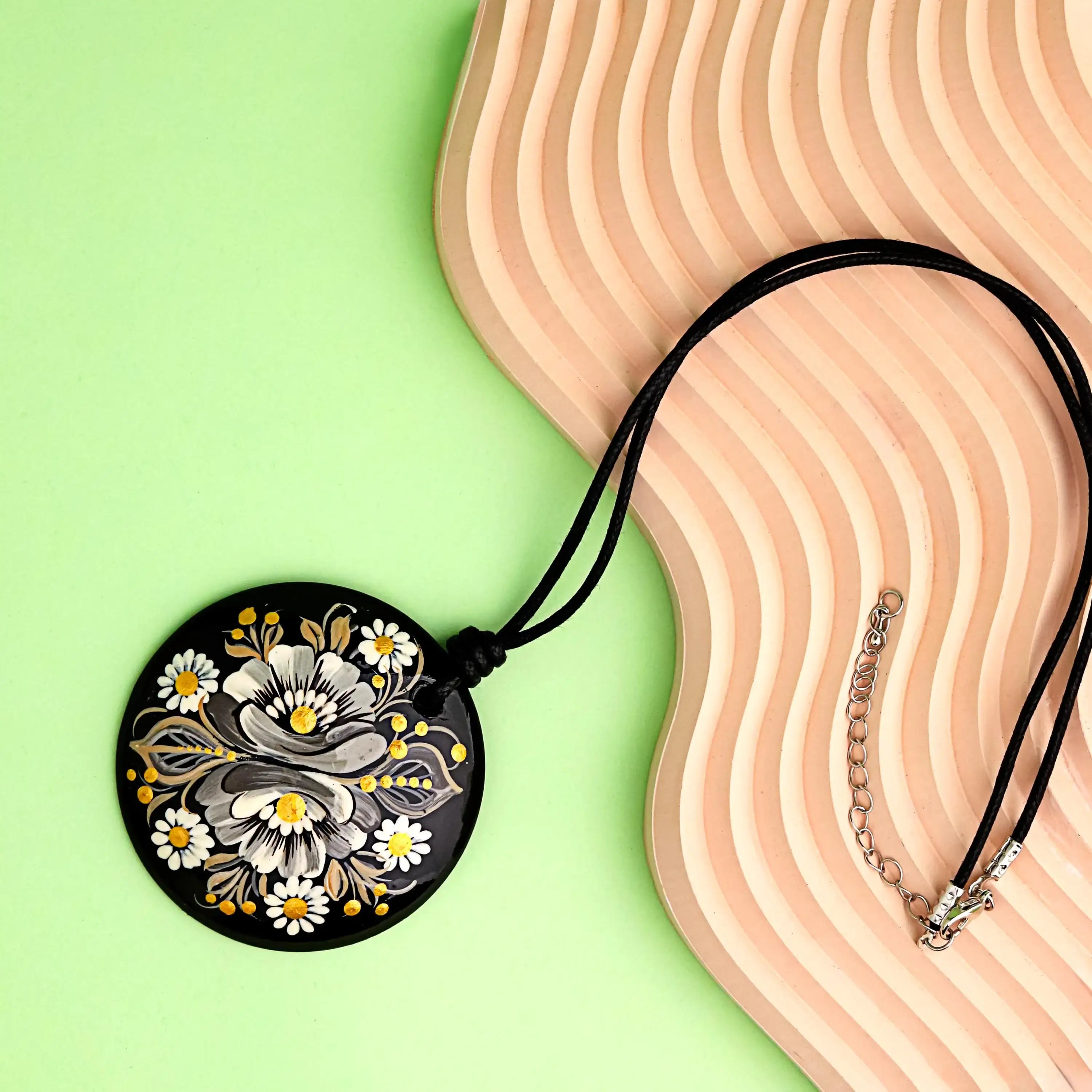 Painted Wooden Pendant Necklace - Gray Flower Petrykivka Necklace, Large Round Ukrainian Statement Necklace, Folk Medallion for Women