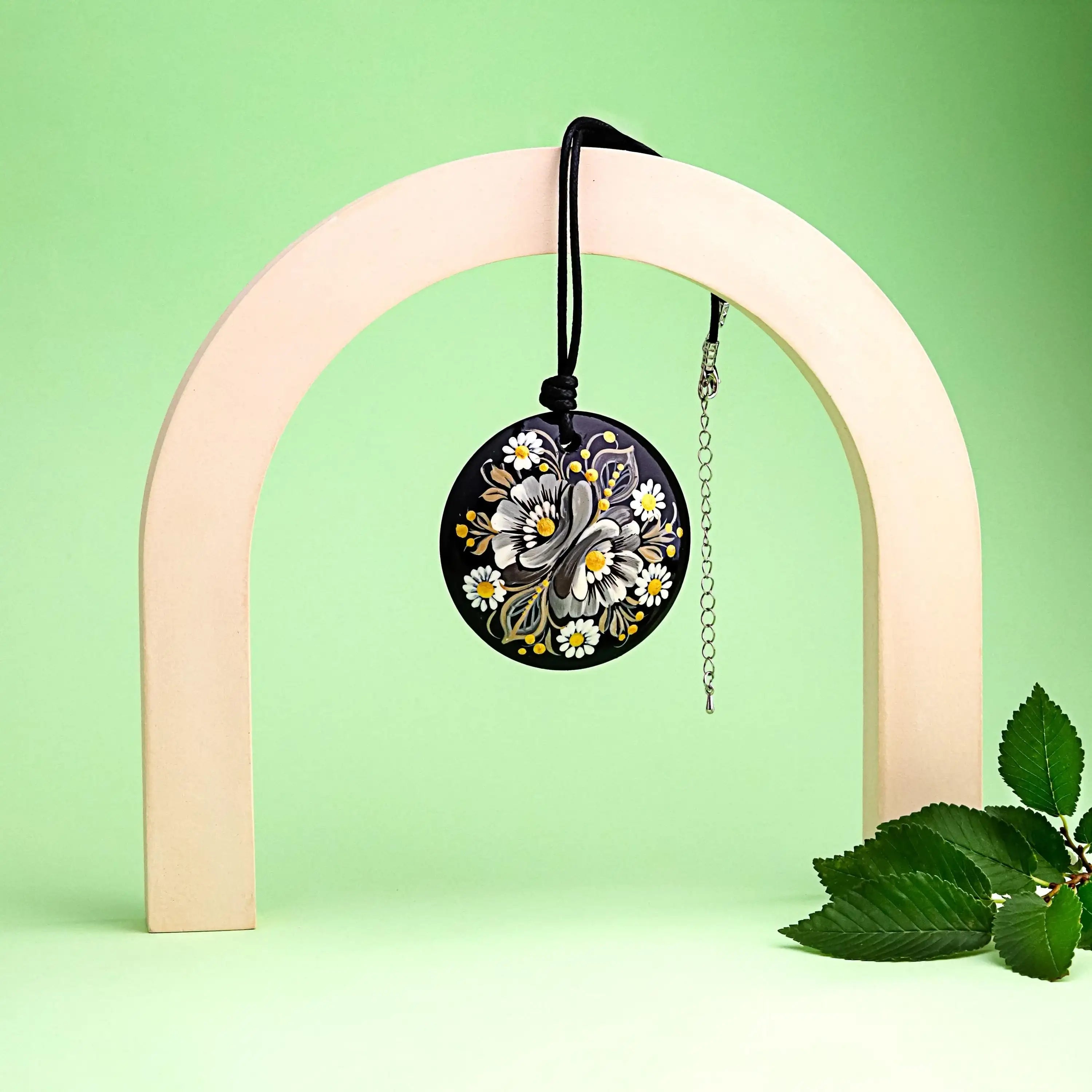 Painted Wooden Pendant Necklace - Gray Flower Petrykivka Necklace, Large Round Ukrainian Statement Necklace, Folk Medallion for Women