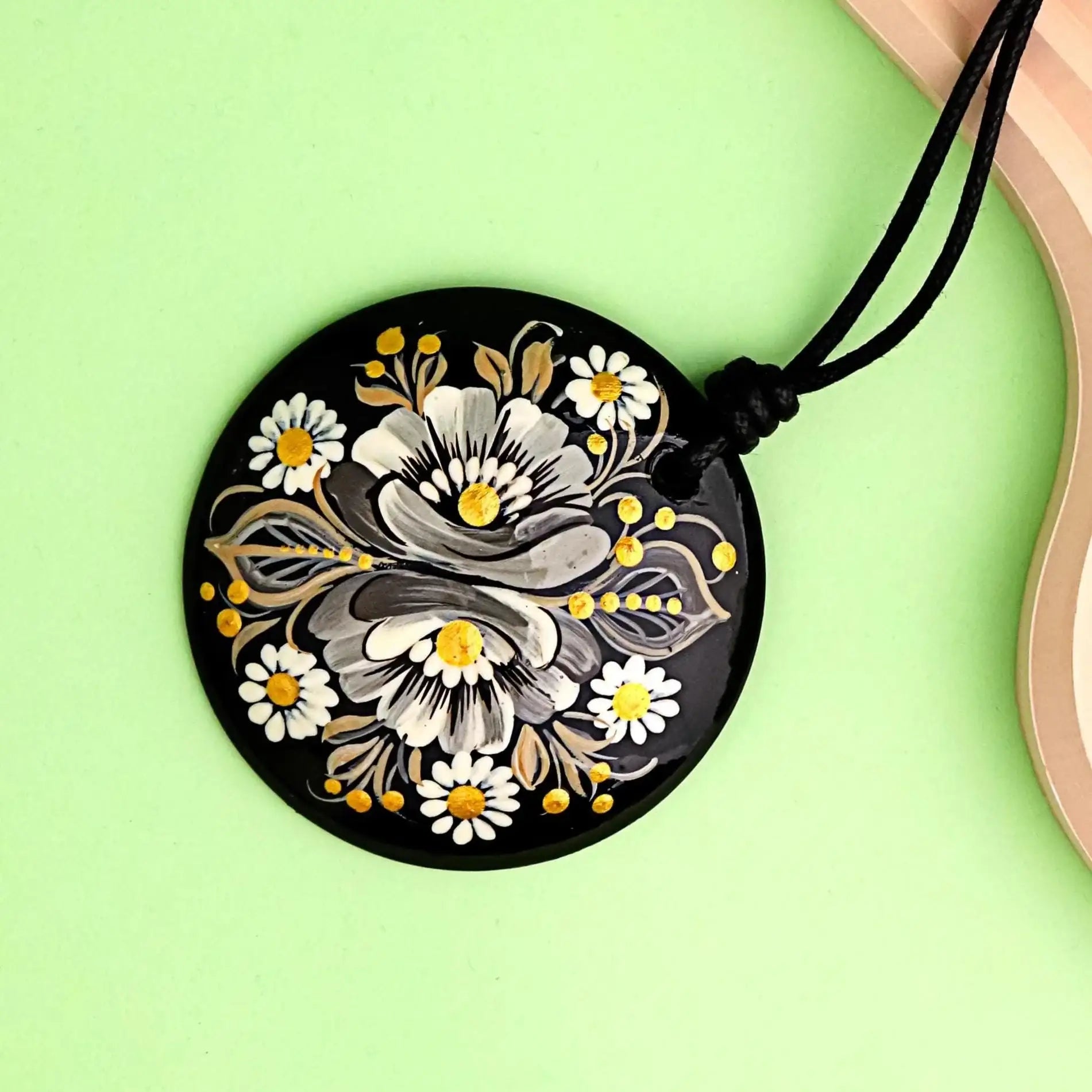 Painted Wooden Pendant Necklace - Gray Flower Petrykivka Necklace, Large Round Ukrainian Statement Necklace, Folk Medallion for Women