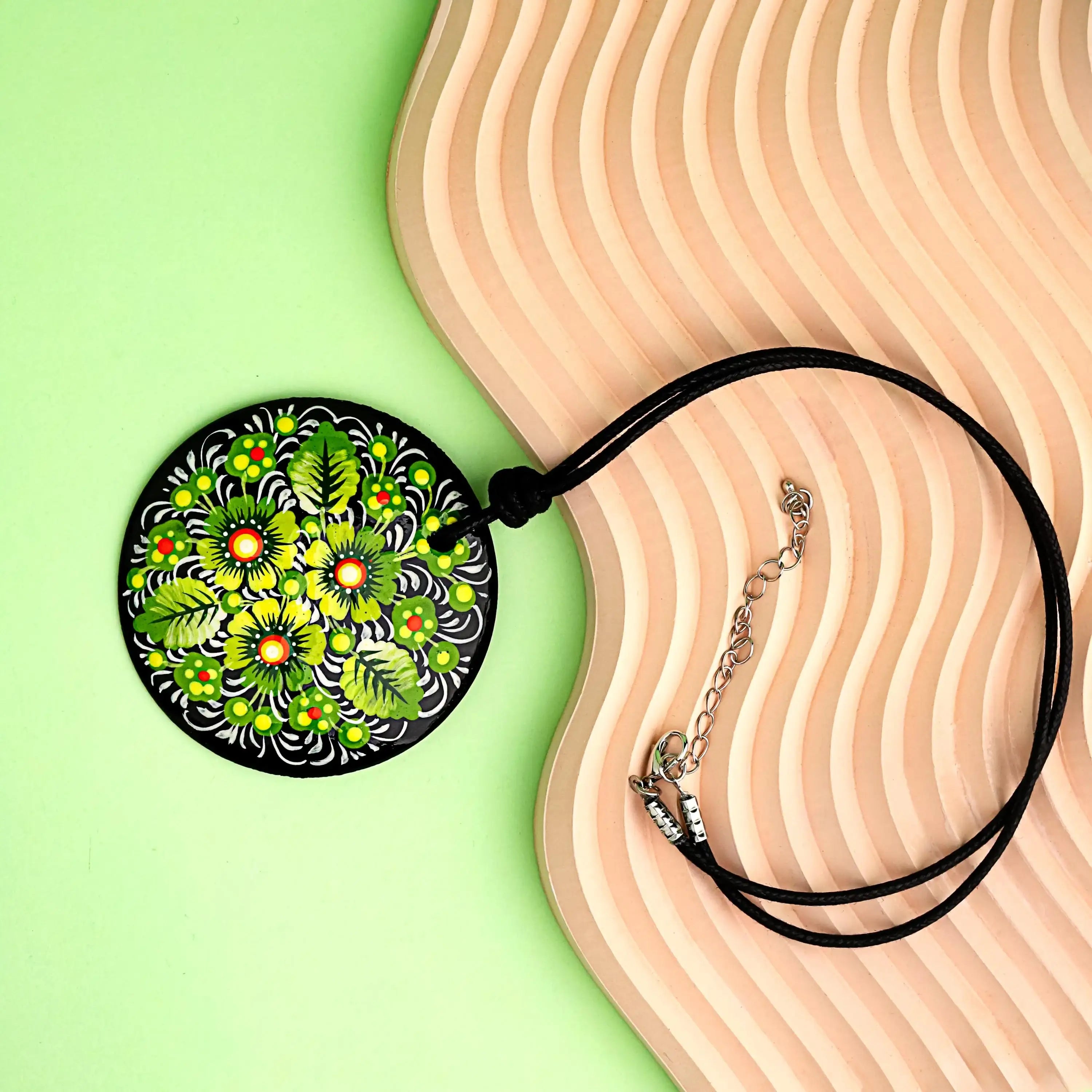 Hypoallergenic Painted Wooden Earrings - Green Flower Petrykivka Art Dangle Earrings - Handmade Ukrainian Statement Jewelry Stainless Steel