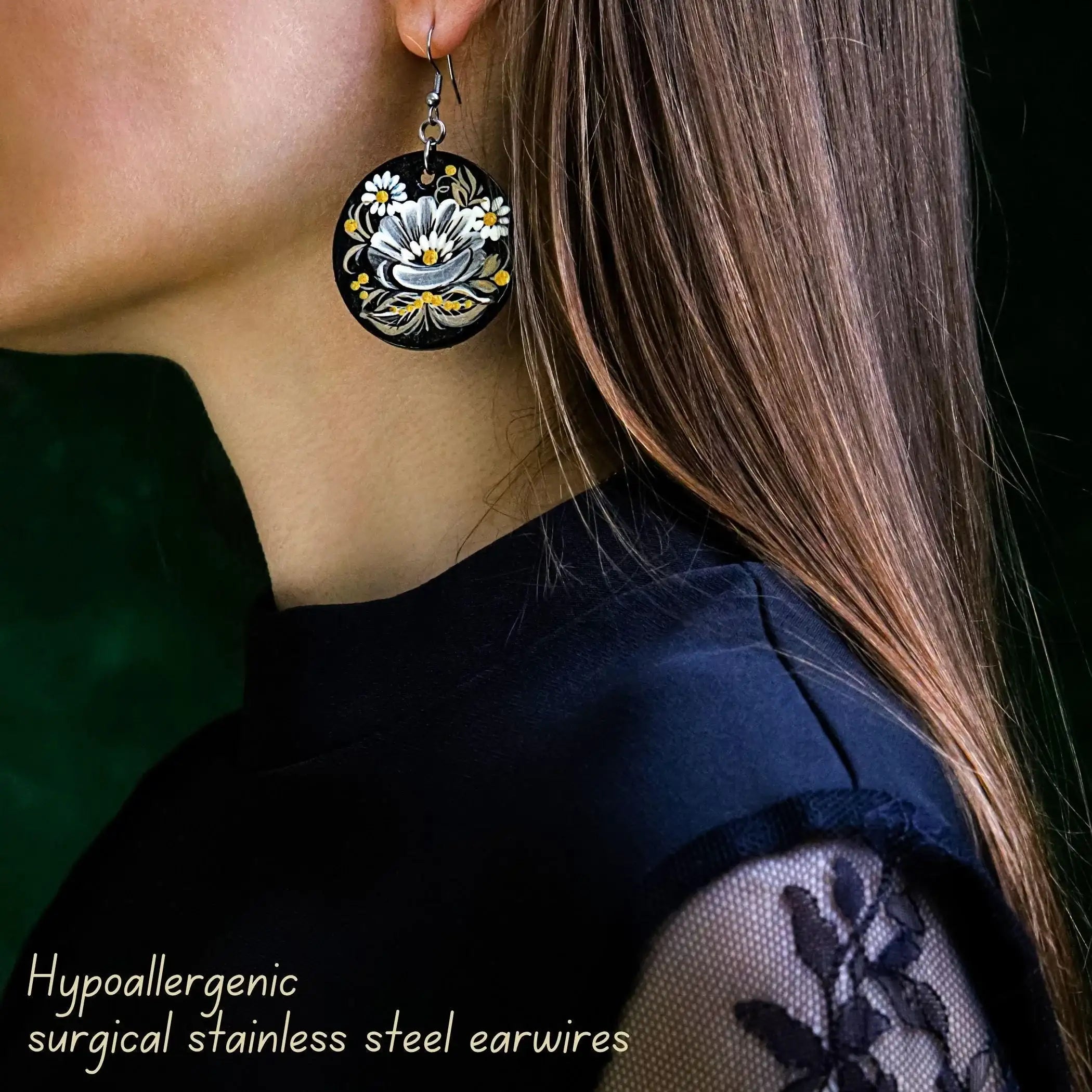 Hypoallergenic Painted Wooden Earrings - Gray Gold Black Petrykivka Flower Earrings - Handmade Ukrainian Dangle Earrings on Stainless Steel