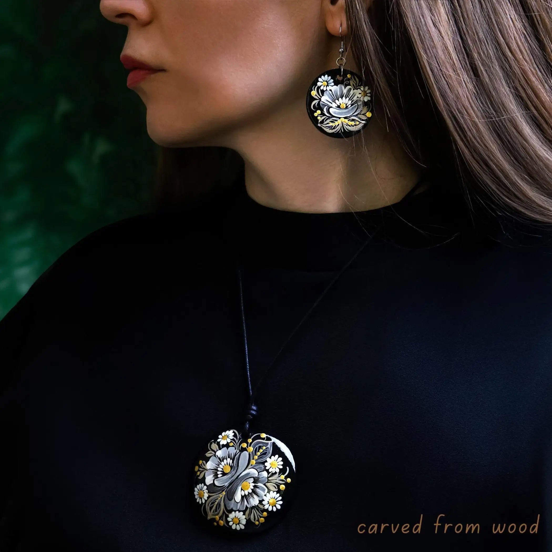 Hypoallergenic Painted Wooden Earrings - Gray Gold Black Petrykivka Flower Earrings - Handmade Ukrainian Dangle Earrings on Stainless Steel