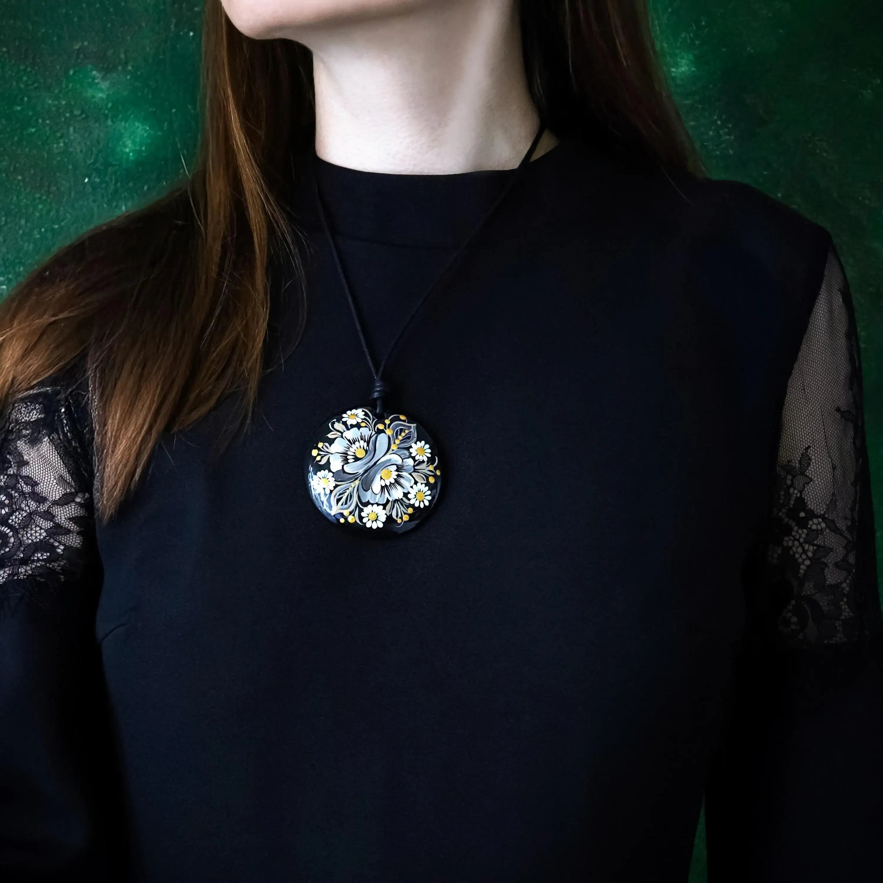 Hypoallergenic Painted Wooden Earrings - Gray Gold Black Petrykivka Flower Earrings - Handmade Ukrainian Dangle Earrings on Stainless Steel