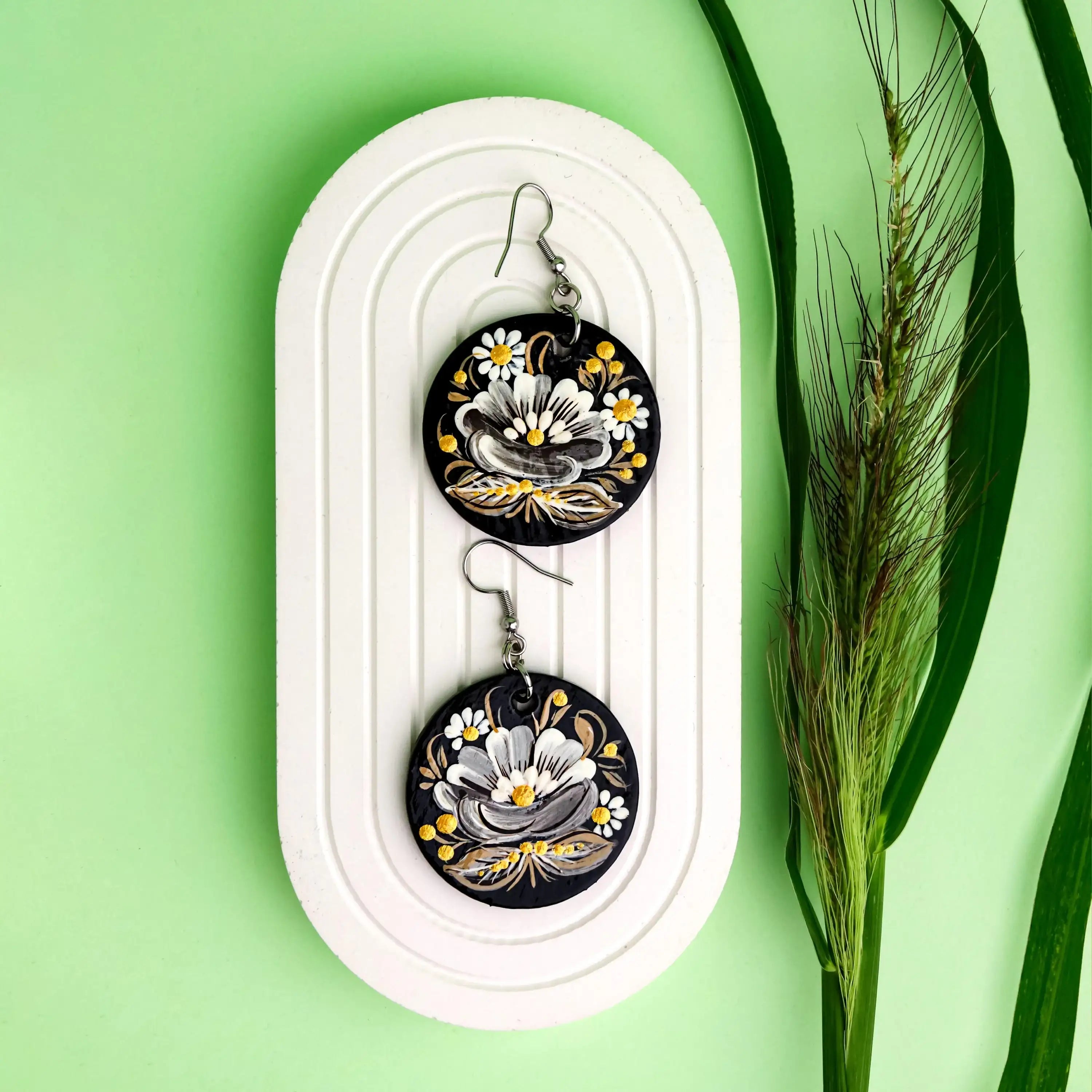 Hypoallergenic Painted Wooden Earrings - Gray Gold Black Petrykivka Flower Earrings - Handmade Ukrainian Dangle Earrings on Stainless Steel