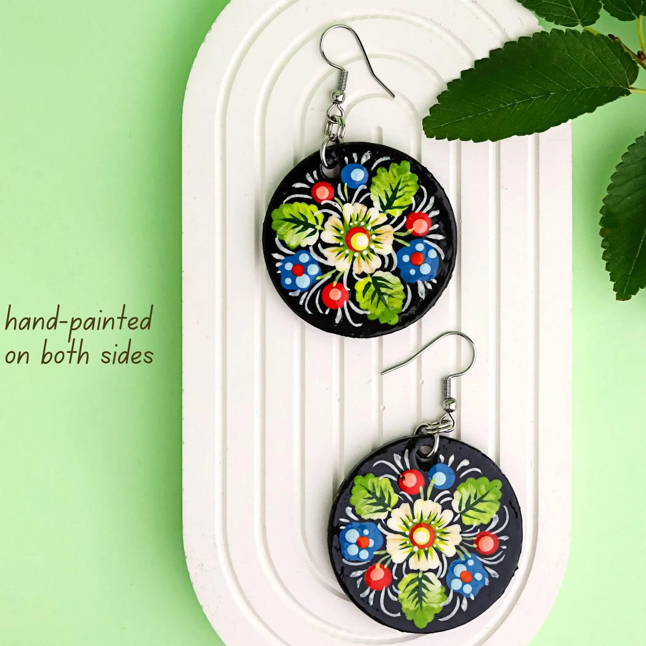 Painted Wooden Dangle Earrings - Hypoallergenic Daisy Earrings with Blue & Green Flowers, Ukrainian Petrykivka Art Jewelry, Stainless Steel