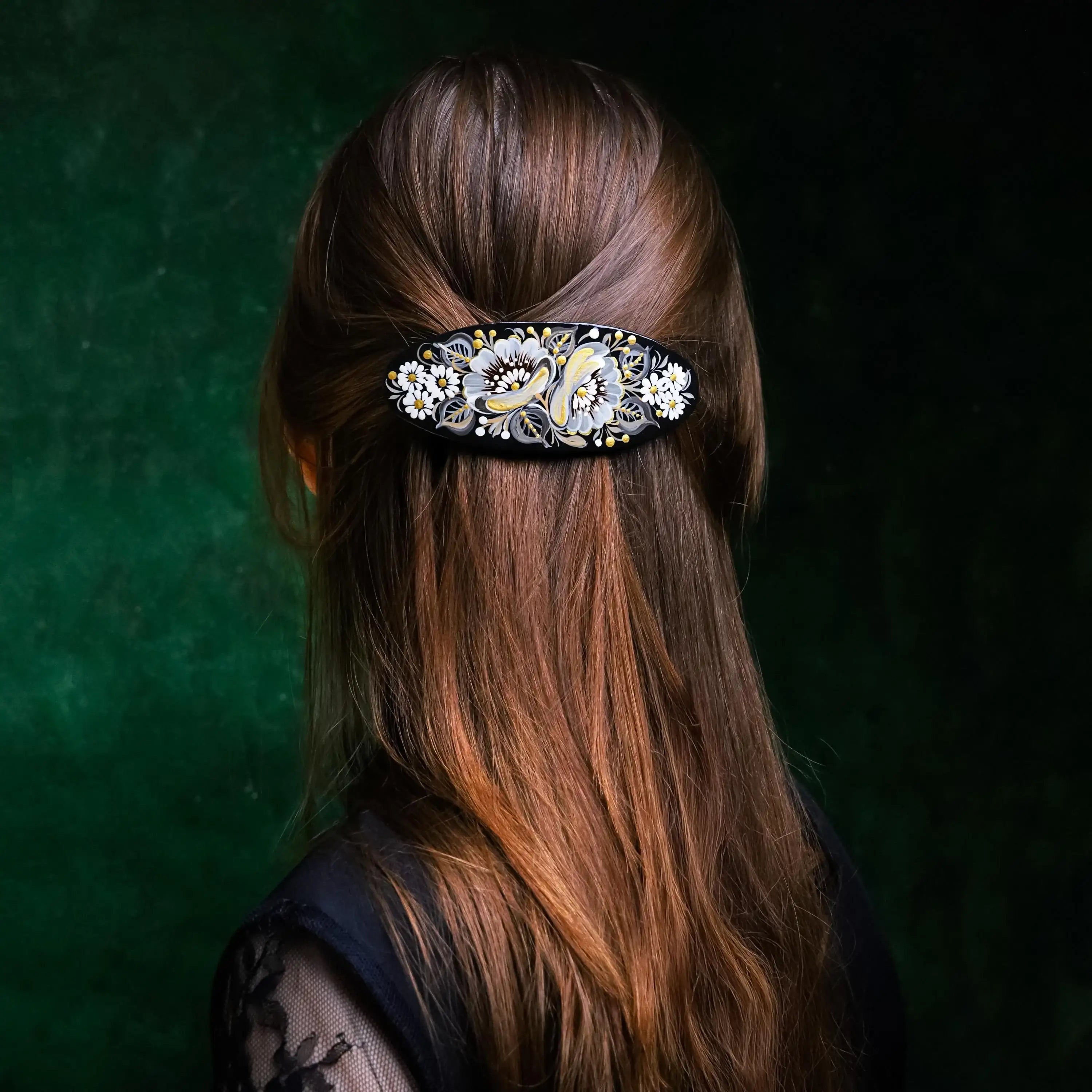 Painted Wooden Hair Barrette - Large Oval Gray Gold Black Floral Hair Clip – Ukrainian Petrykivka Art Hair Accessory