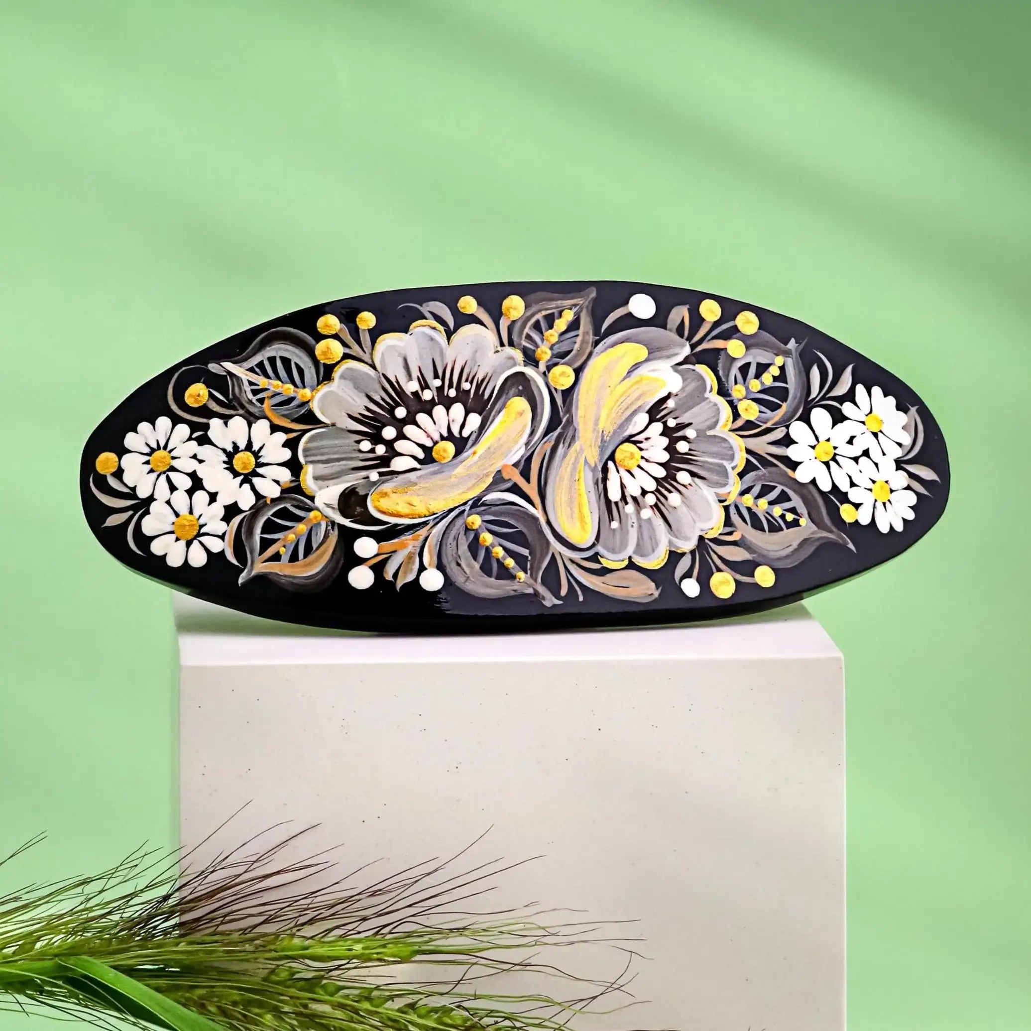 Painted Wooden Hair Barrette - Large Oval Gray Gold Black Floral Hair Clip – Ukrainian Petrykivka Art Hair Accessory