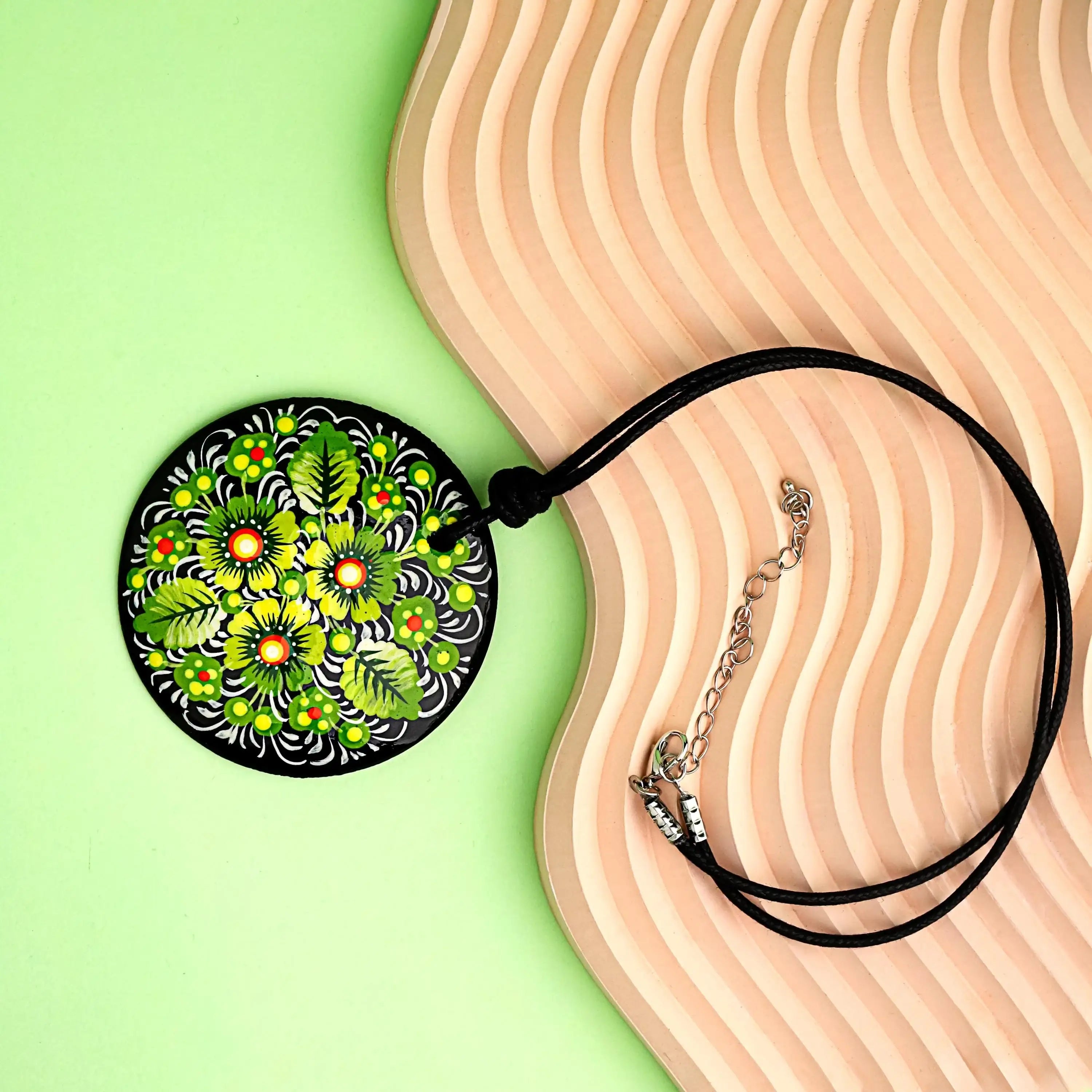 Handmade Painted Wooden Hair Barrette - Large Oval Green Flower Hair Clip - Petrykivka Folk Art Barrette for Women