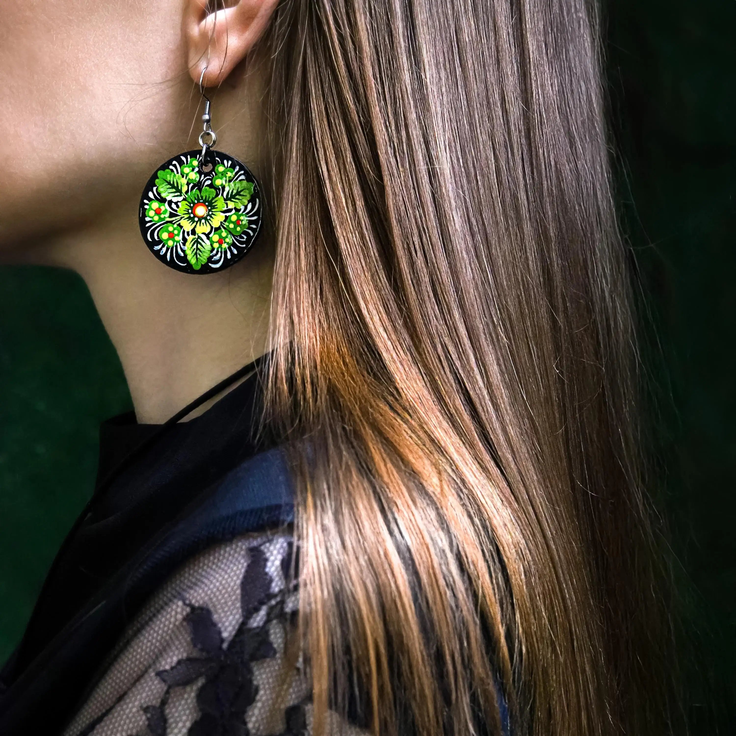 Handmade Painted Wooden Hair Barrette - Large Oval Green Flower Hair Clip - Petrykivka Folk Art Barrette for Women