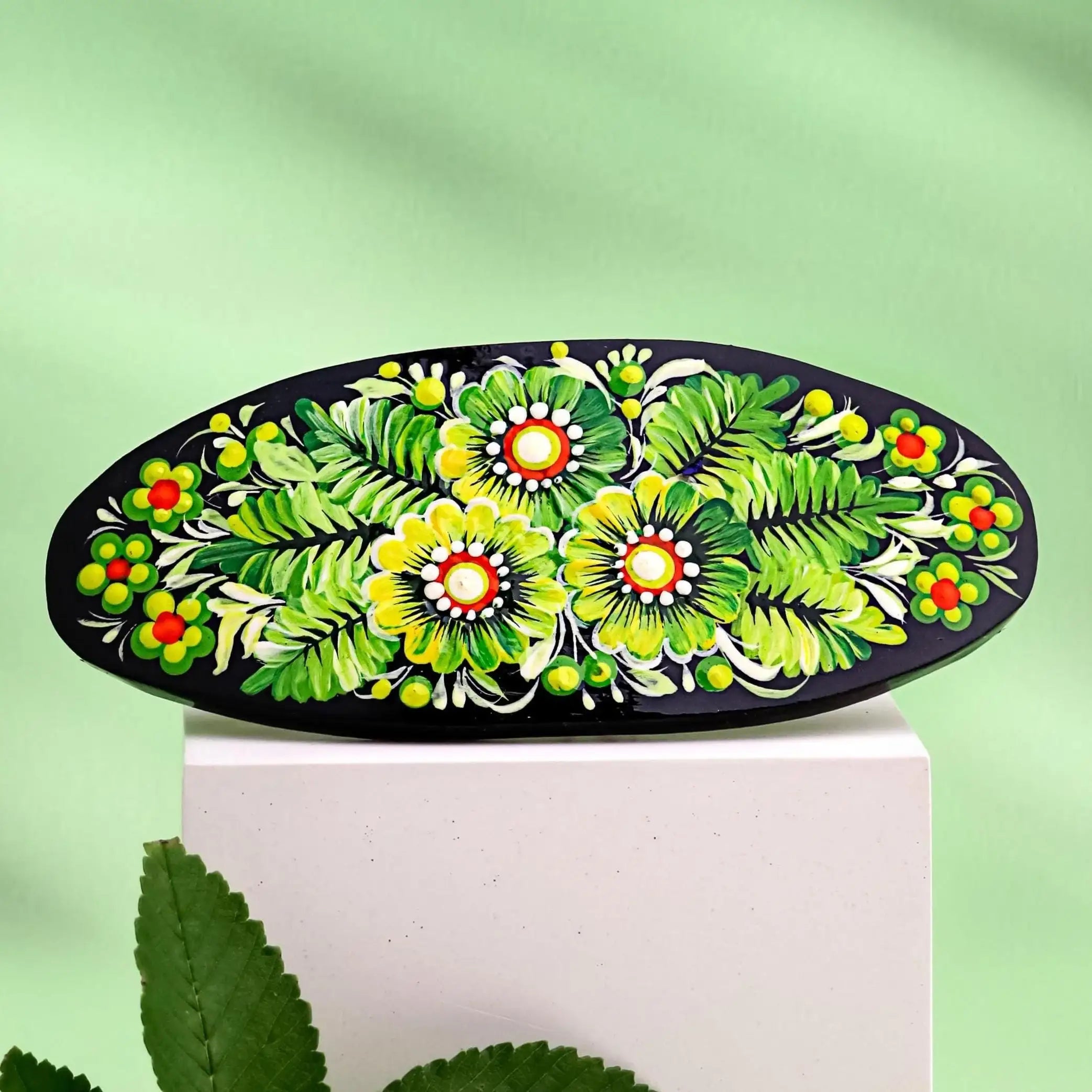Handmade Painted Wooden Hair Barrette - Large Oval Green Flower Hair Clip - Petrykivka Folk Art Barrette for Women
