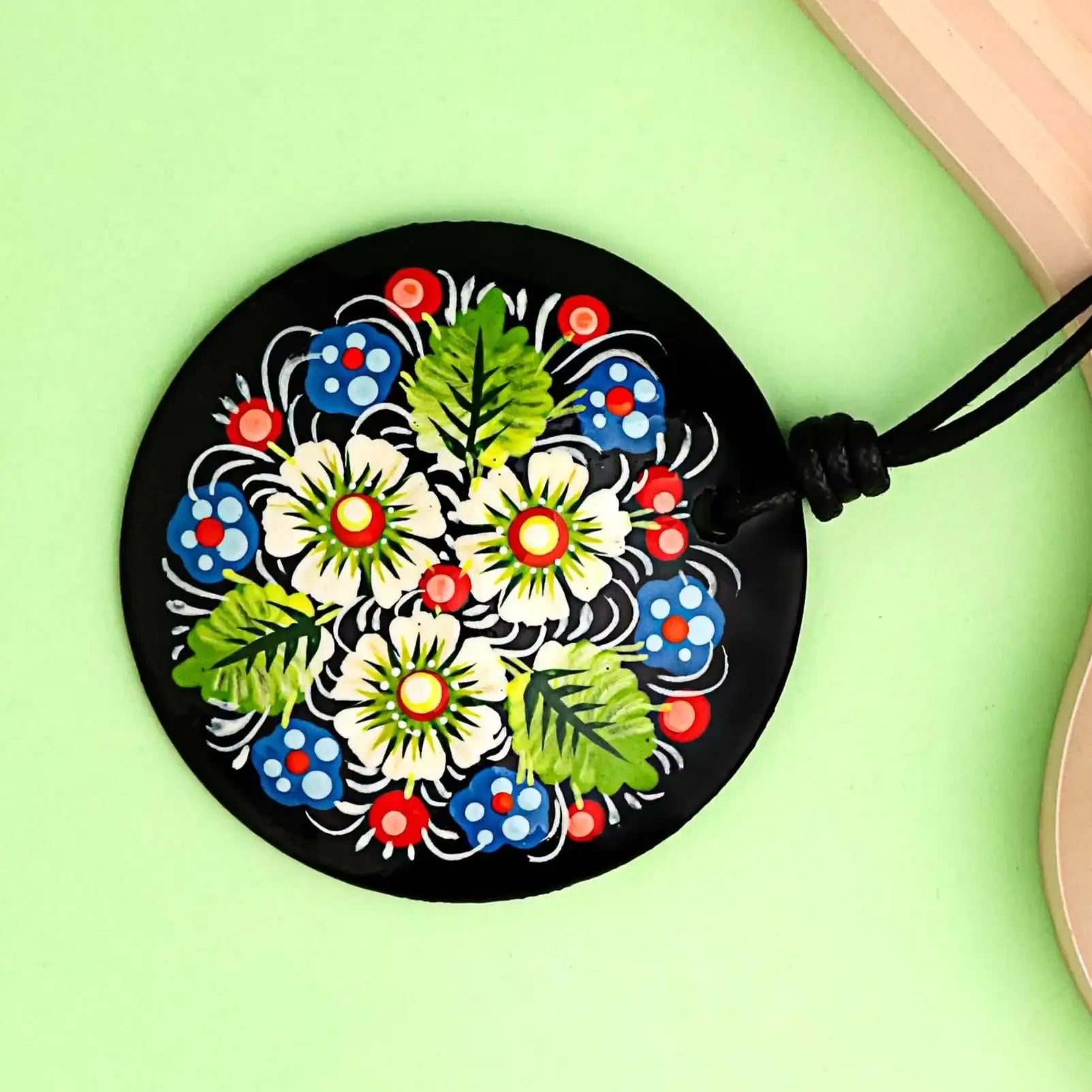 Personalized Painted Wooden Pendant Necklace - Petrykivka Daisy Necklace, Large Round Ukrainian Statement Necklace, Folk Medallion for Women