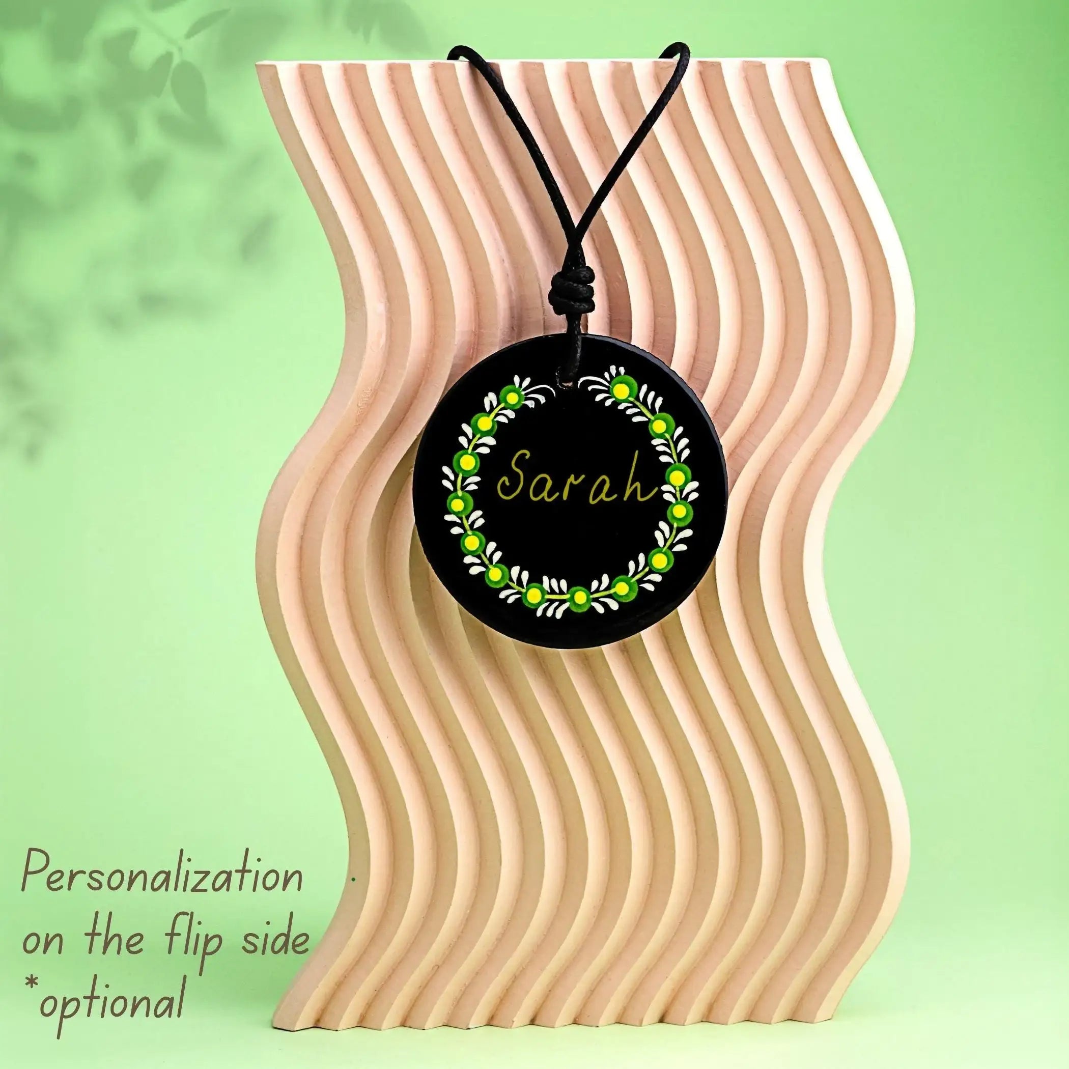 Painted Wooden Pendant Necklace - Green Flower Petrykivka Necklace, Large Round Ukrainian Statement Necklace, Folk Medallion for Women