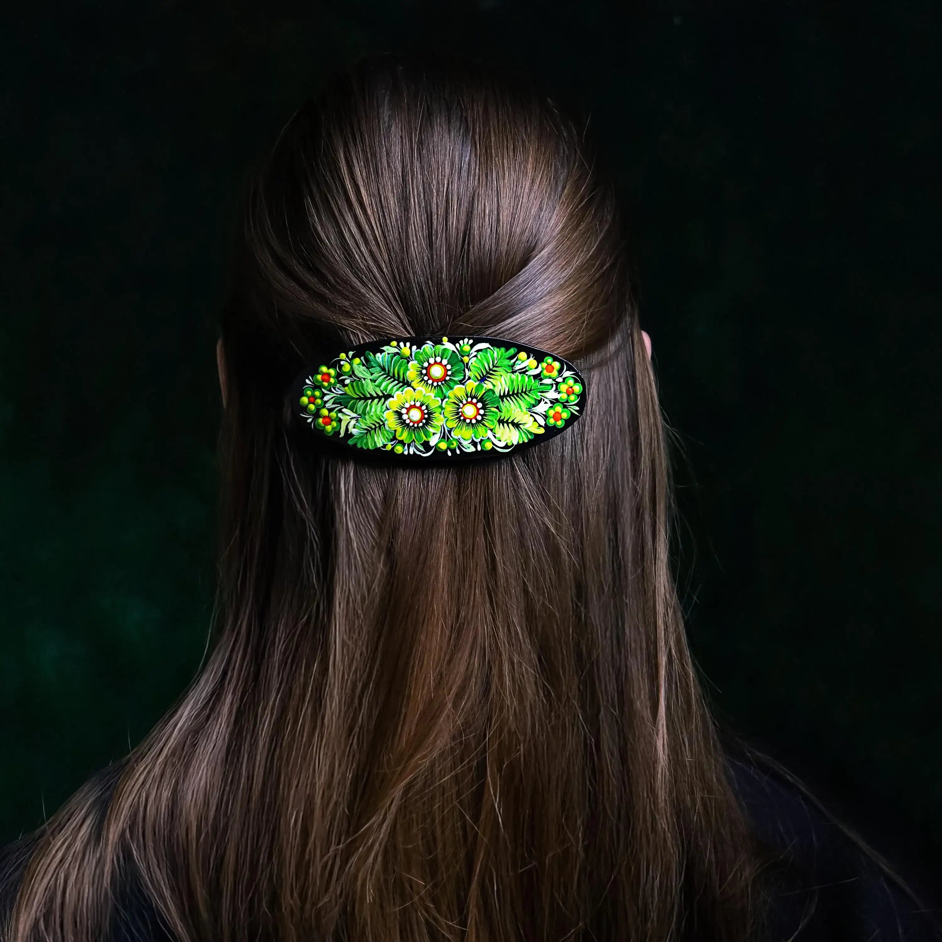 Painted Wooden Pendant Necklace - Green Flower Petrykivka Necklace, Large Round Ukrainian Statement Necklace, Folk Medallion for Women