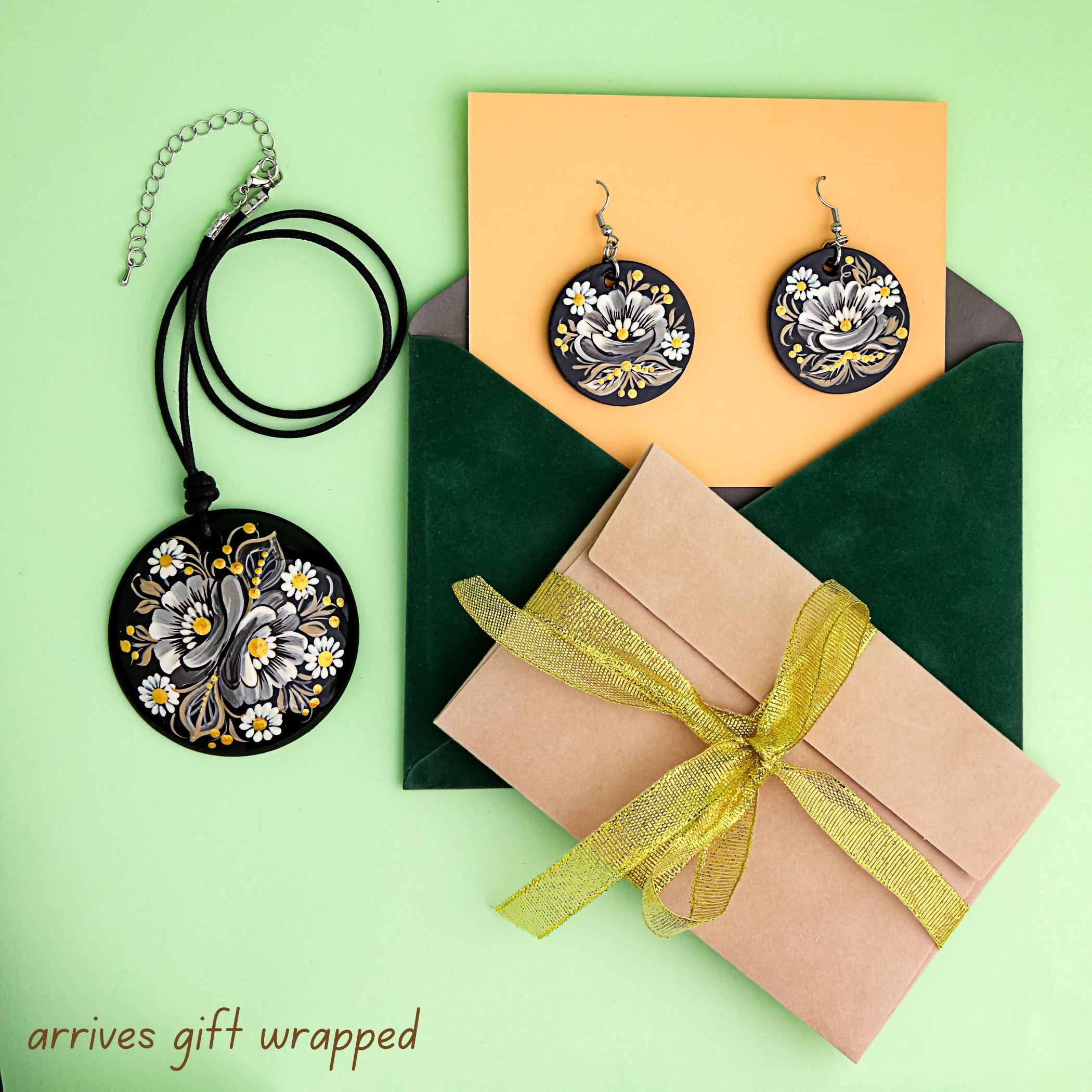 Painted Wooden Pendant Necklace - Gray Flower Petrykivka Necklace, Large Round Ukrainian Statement Necklace, Folk Medallion for Women