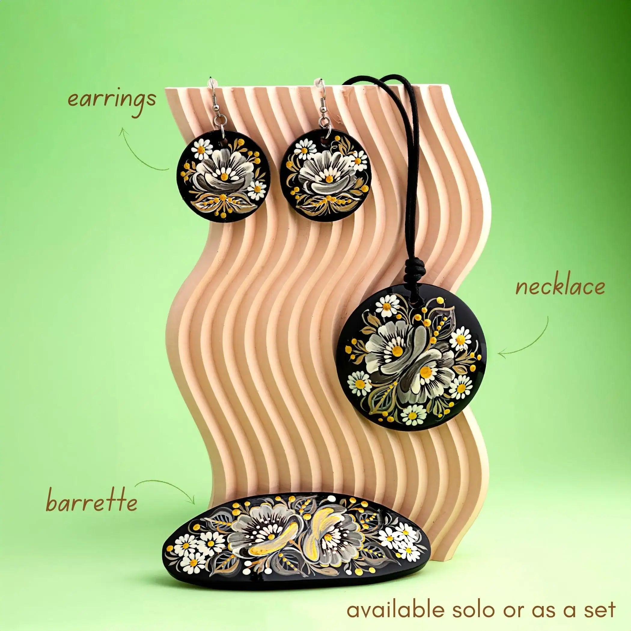 Painted Wooden Pendant Necklace - Gray Flower Petrykivka Necklace, Large Round Ukrainian Statement Necklace, Folk Medallion for Women