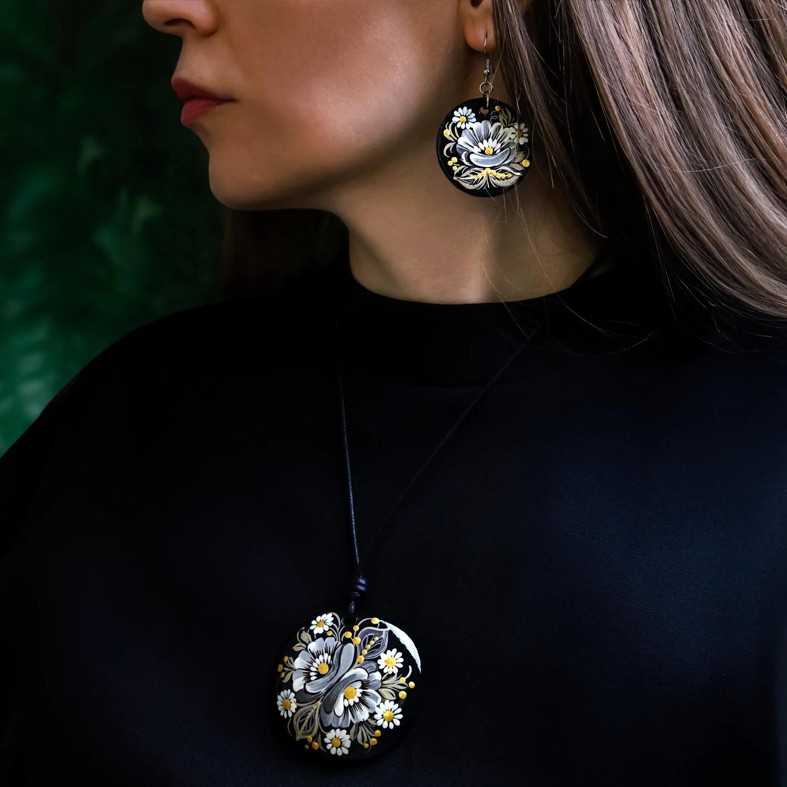 Painted Wooden Pendant Necklace - Gray Flower Petrykivka Necklace, Large Round Ukrainian Statement Necklace, Folk Medallion for Women