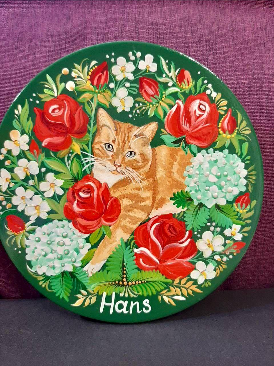 Hand-Painted Pet Portrait From Photo on Wooden Plate - Ukrainian Petrykivka Art with Roses & Hydrangeas