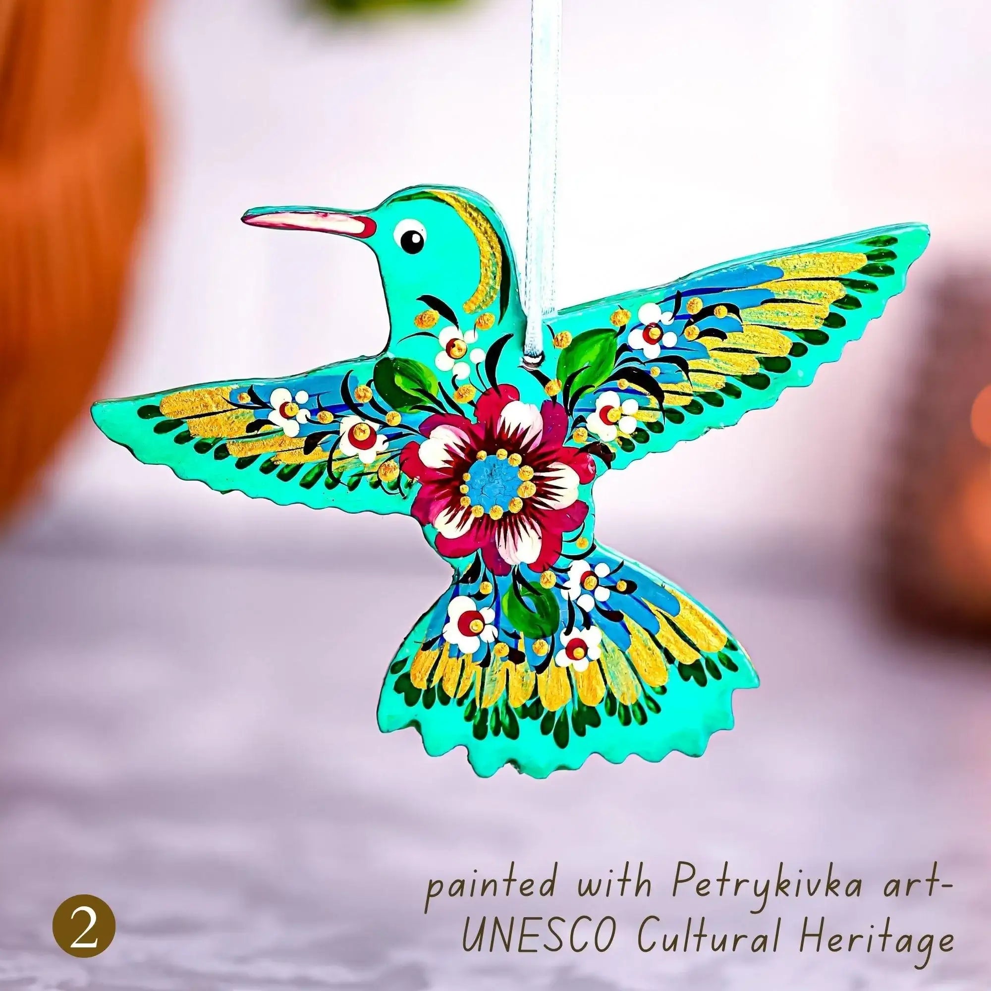 Personalized Painted Wooden Hummingbird Christmas Ornament - Ukrainian Petrykivka Folk Art Christmas Decoration