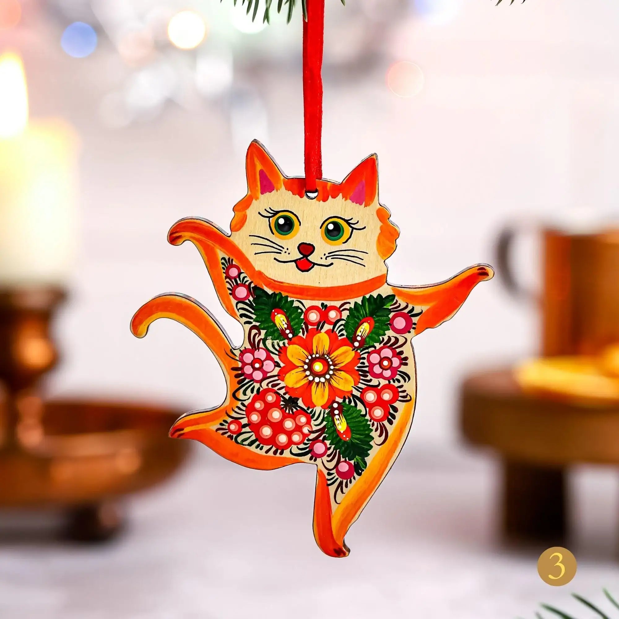 Personalized Painted Wooden Dancing Cat Christmas Ornament - Ukrainian Petrykivka Folk Art Christmas Decoration