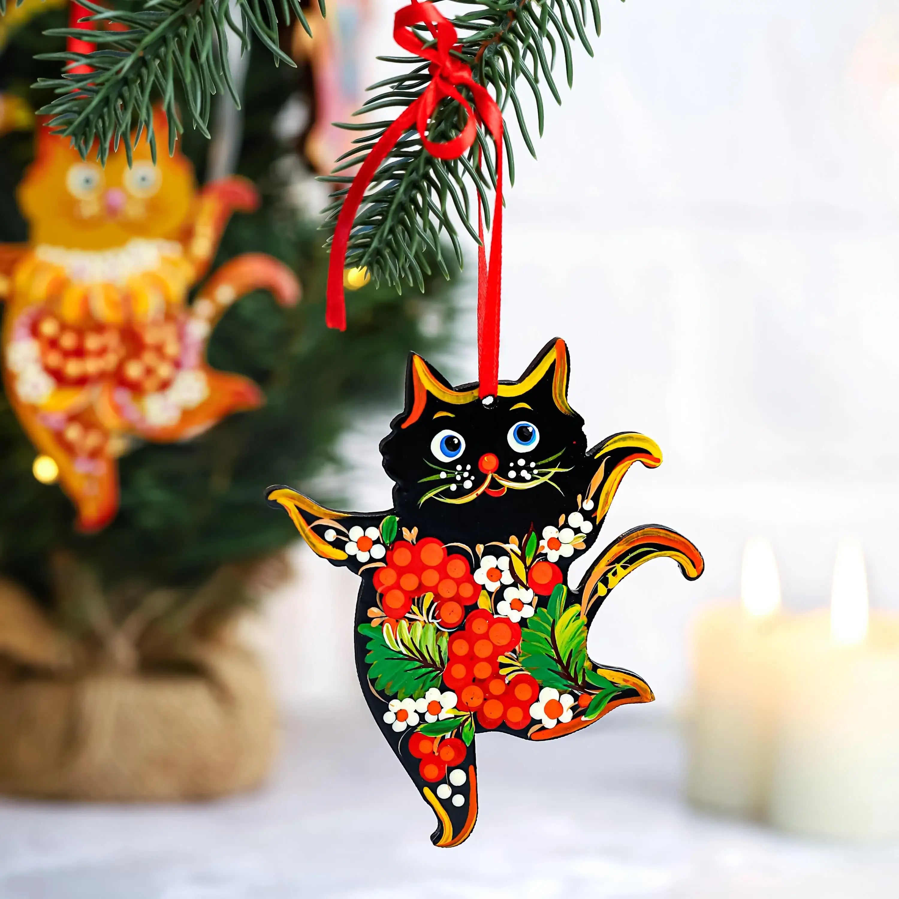 Personalized Painted Wooden Dancing Cat Christmas Ornament - Ukrainian Petrykivka Folk Art Christmas Decoration