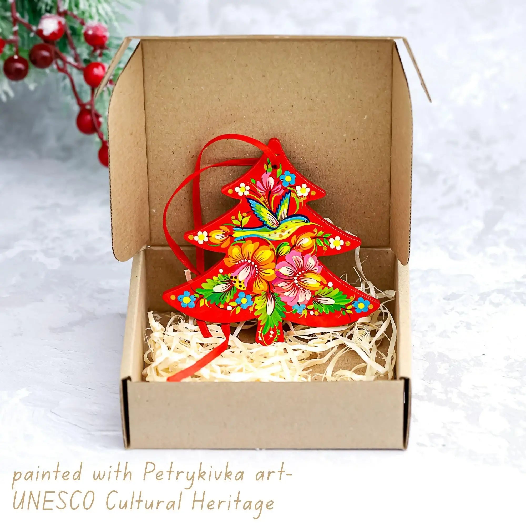 Painted Wooden Hummingbird Christmas Ornament - Red Flower Christmas Tree with Ukrainian Petrykivka Folk Art, Personalized Gift
