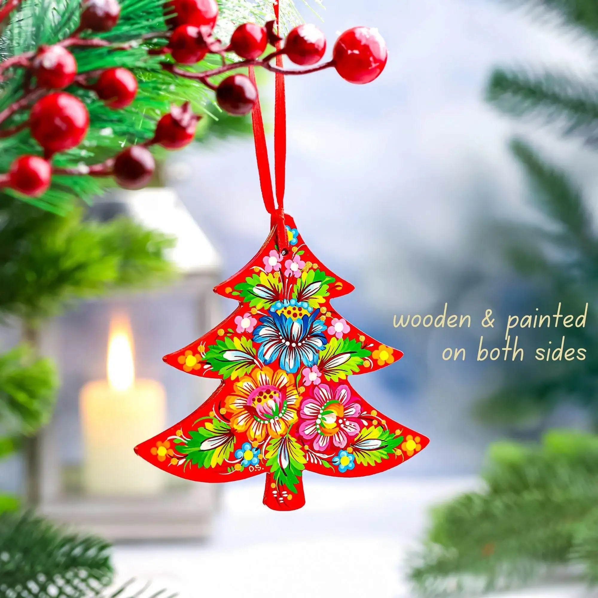 Painted Wooden Hummingbird Christmas Ornament - Red Flower Christmas Tree with Ukrainian Petrykivka Folk Art, Personalized Gift