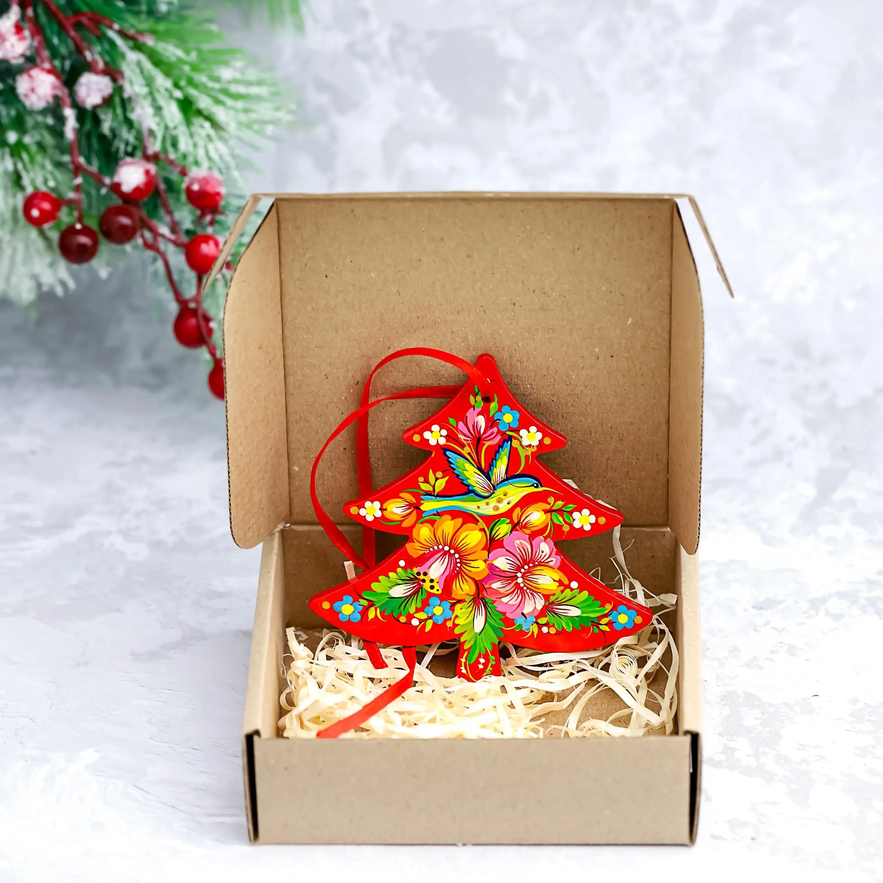 Painted Wooden Hummingbird Christmas Ornament - Red Flower Christmas Tree with Ukrainian Petrykivka Folk Art, Personalized Gift