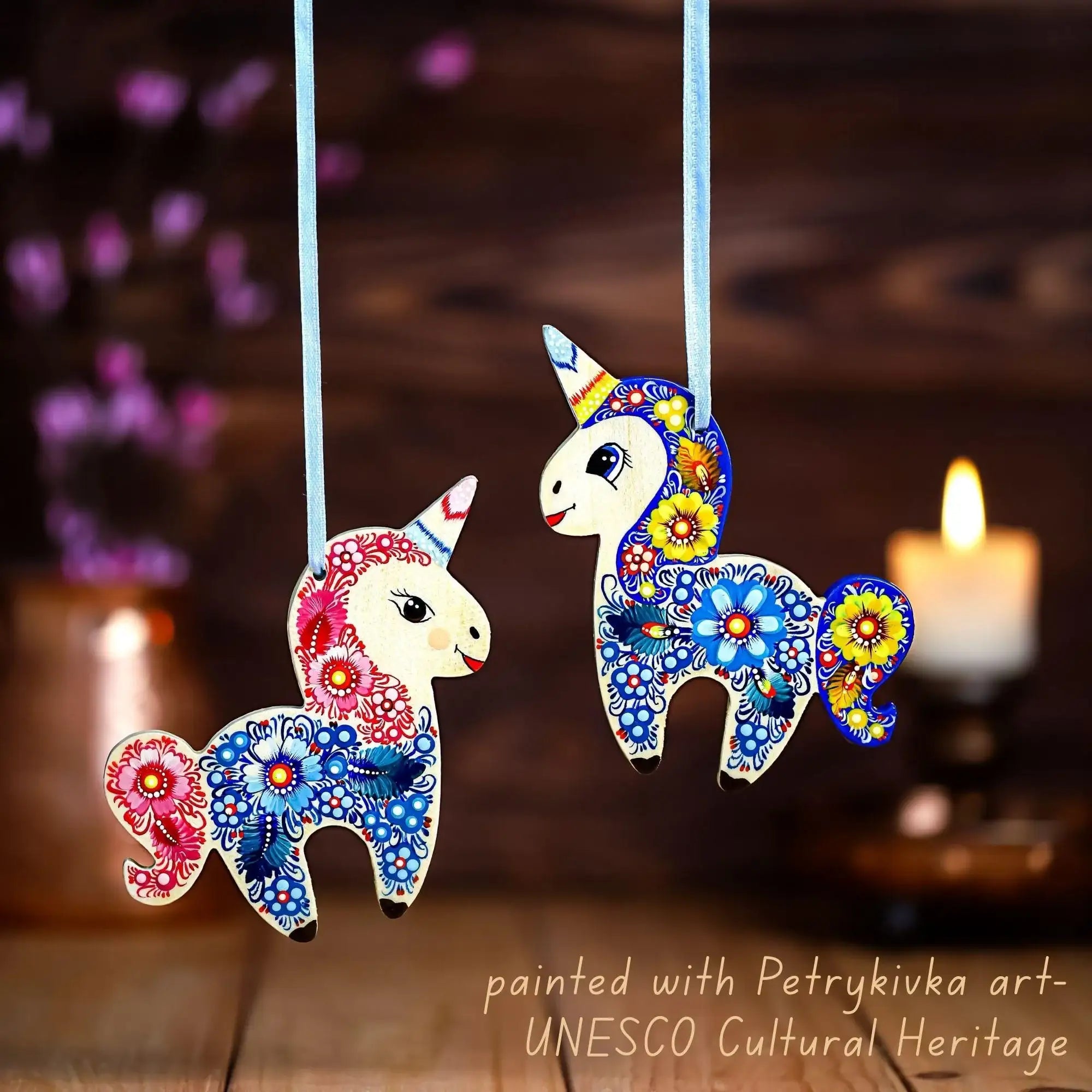 Painted Wooden Unicorn Ornament - Handmade Christmas Tree Decoration with Ukrainian Petrykivka Folk Art, Personalized Gift