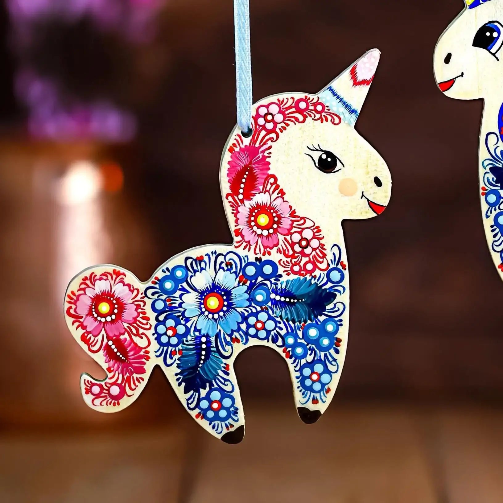 Painted Wooden Unicorn Ornament - Handmade Christmas Tree Decoration with Ukrainian Petrykivka Folk Art, Personalized Gift