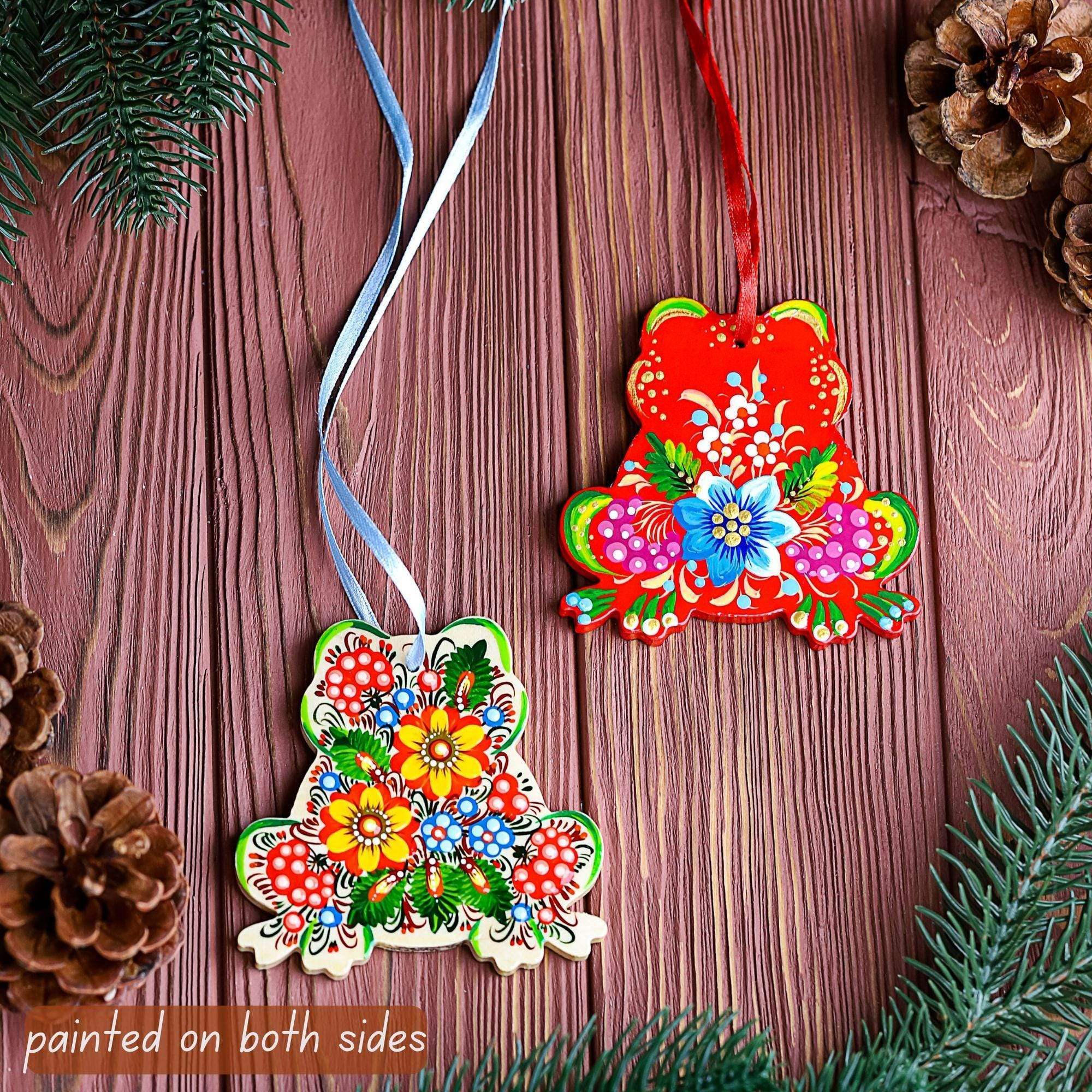 Hand-painted Wooden Frog Christmas Ornament - Ukrainian Petrykivka Folk Art Tree Decoration