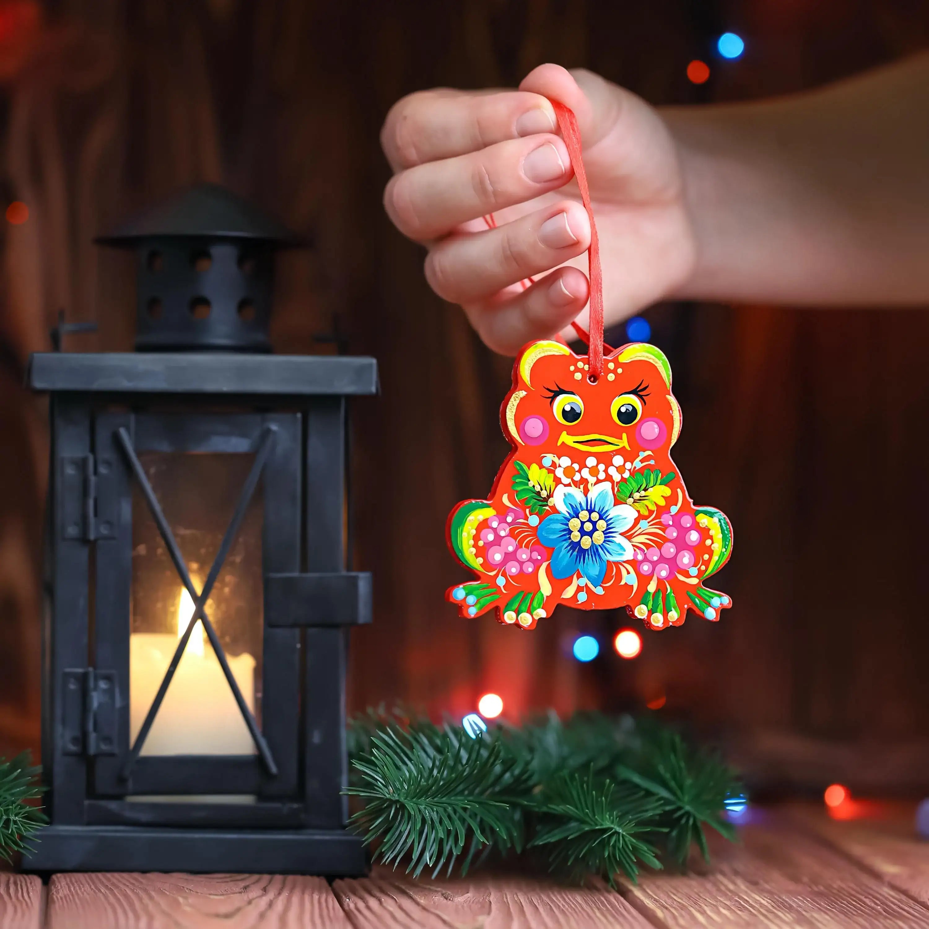 Hand-painted Wooden Frog Christmas Ornament - Ukrainian Petrykivka Folk Art Tree Decoration
