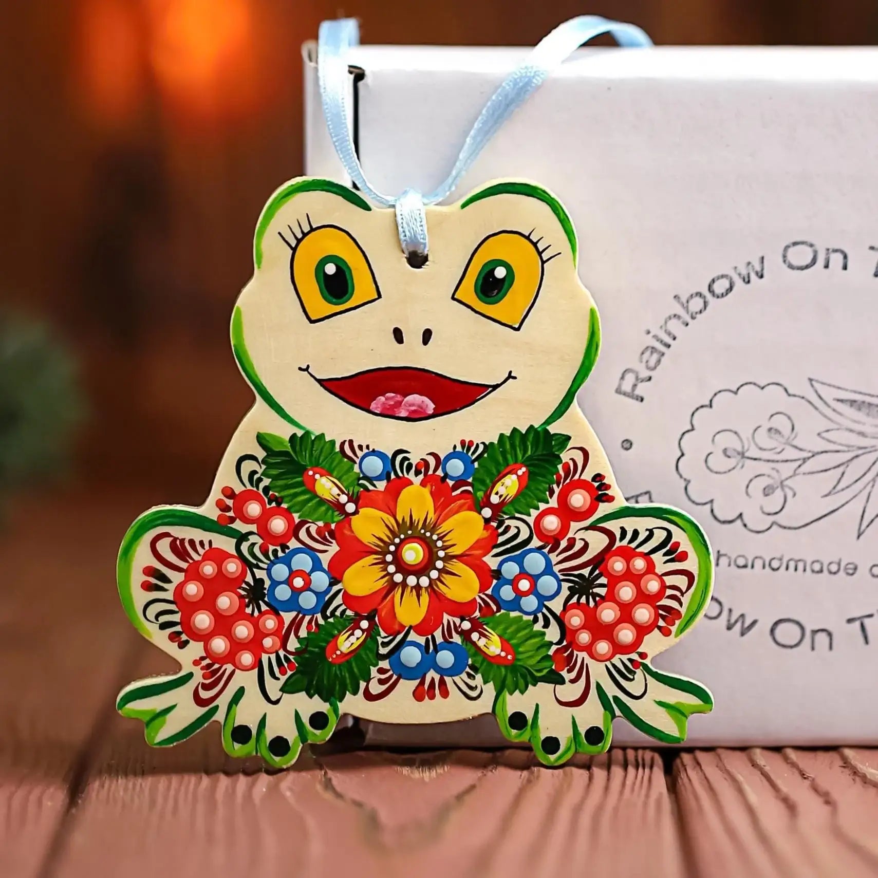 Hand-painted Wooden Frog Christmas Ornament - Ukrainian Petrykivka Folk Art Tree Decoration