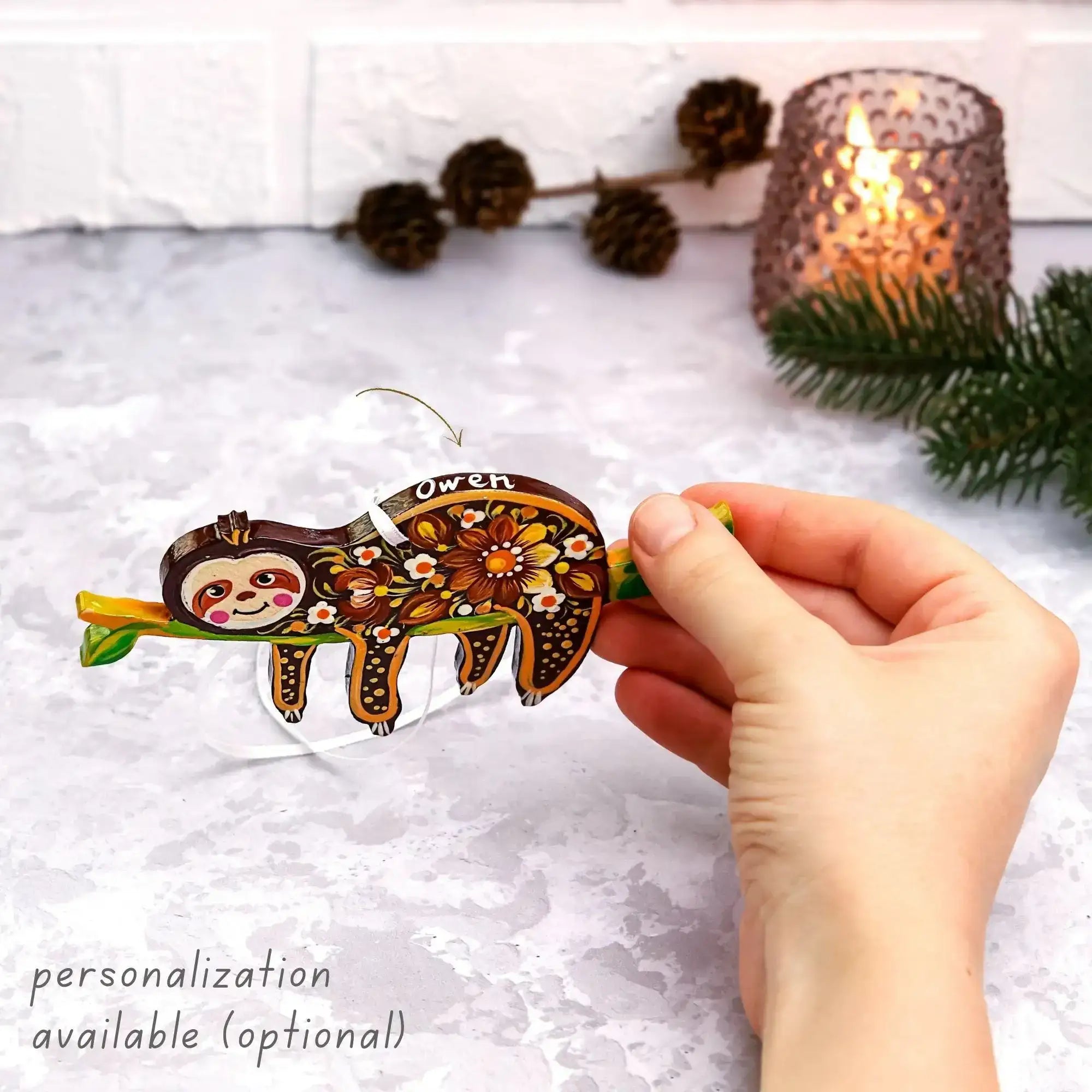 Hand-painted Wooden Sloth Christmas Ornament with Pink & Gray Flowers - Ukrainian Petrykivka Folk Art Tree Decoration, Personalized Gift