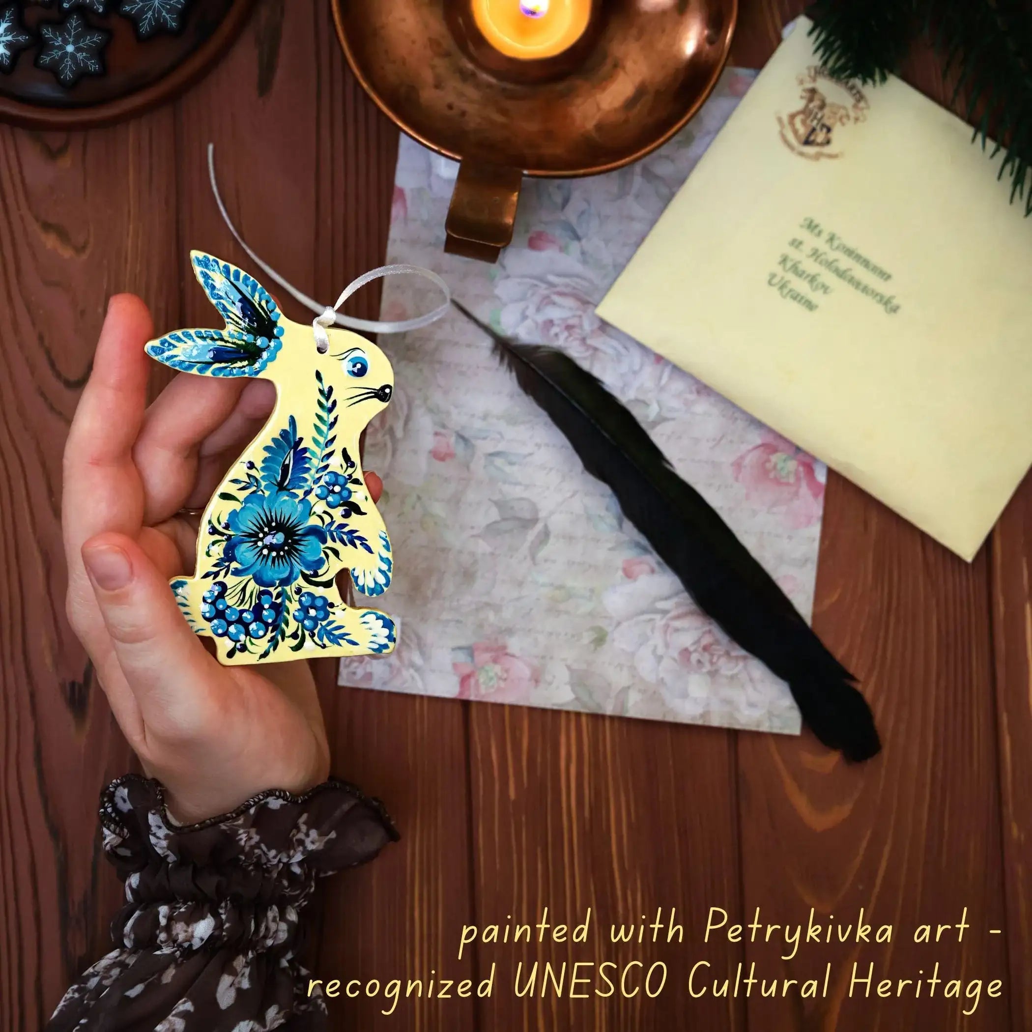 Painted Wooden Bunny Christmas Ornament - Ukrainian Petrykivka Folk Art Christmas Tree Decoration, Personalized Gift