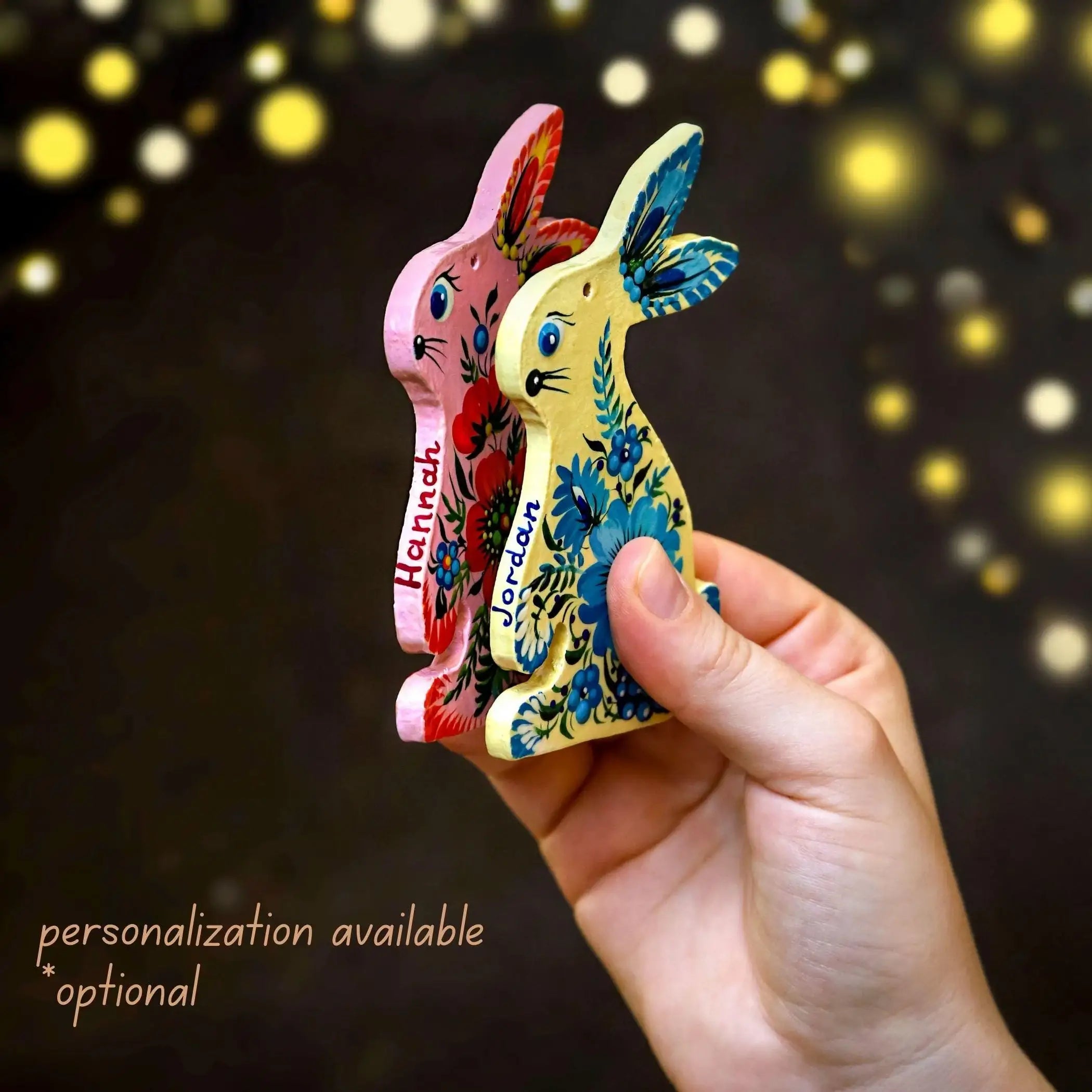 Painted Wooden Bunny Christmas Ornament - Ukrainian Petrykivka Folk Art Christmas Tree Decoration, Personalized Gift