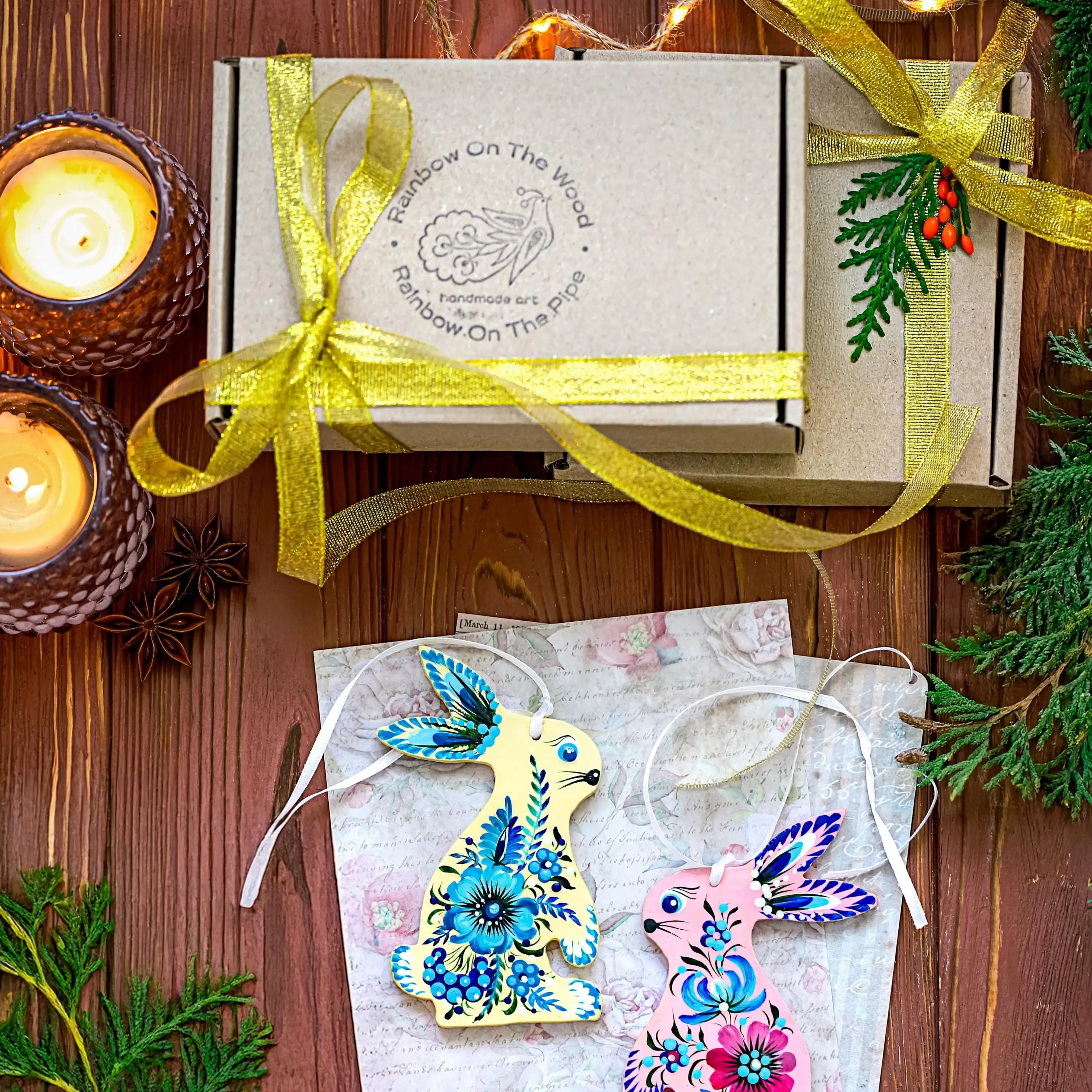 Painted Wooden Bunny Christmas Ornament - Ukrainian Petrykivka Folk Art Christmas Tree Decoration, Personalized Gift