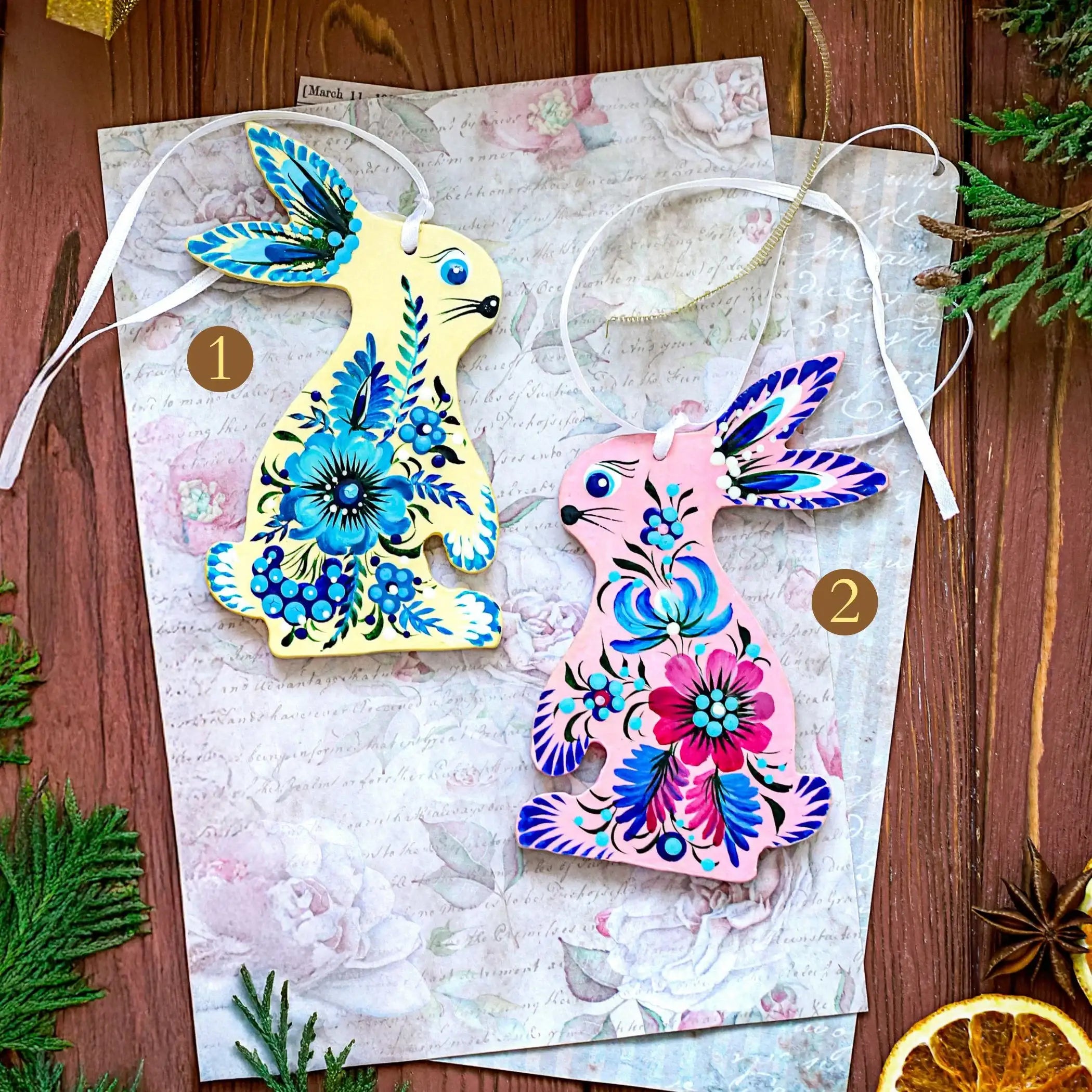 Painted Wooden Bunny Christmas Ornament - Ukrainian Petrykivka Folk Art Christmas Tree Decoration, Personalized Gift